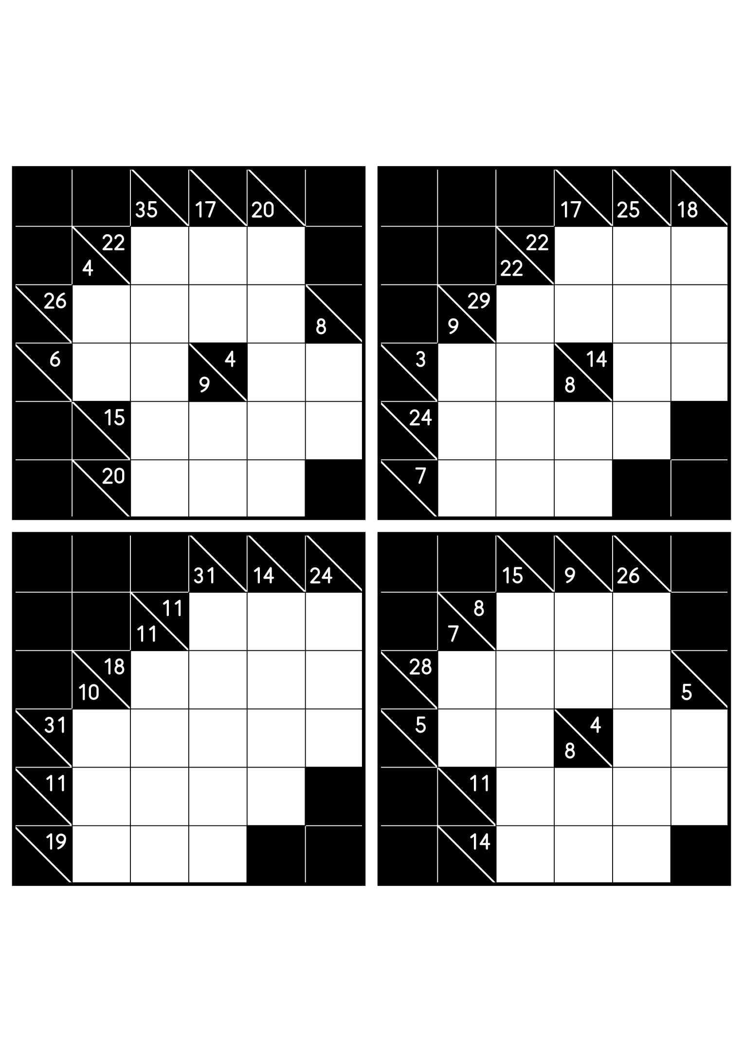 Four hard 6x6 kakuro grids whose runs must be tested whole. Level: Hard, 4 puzzles per page. Variant 7.