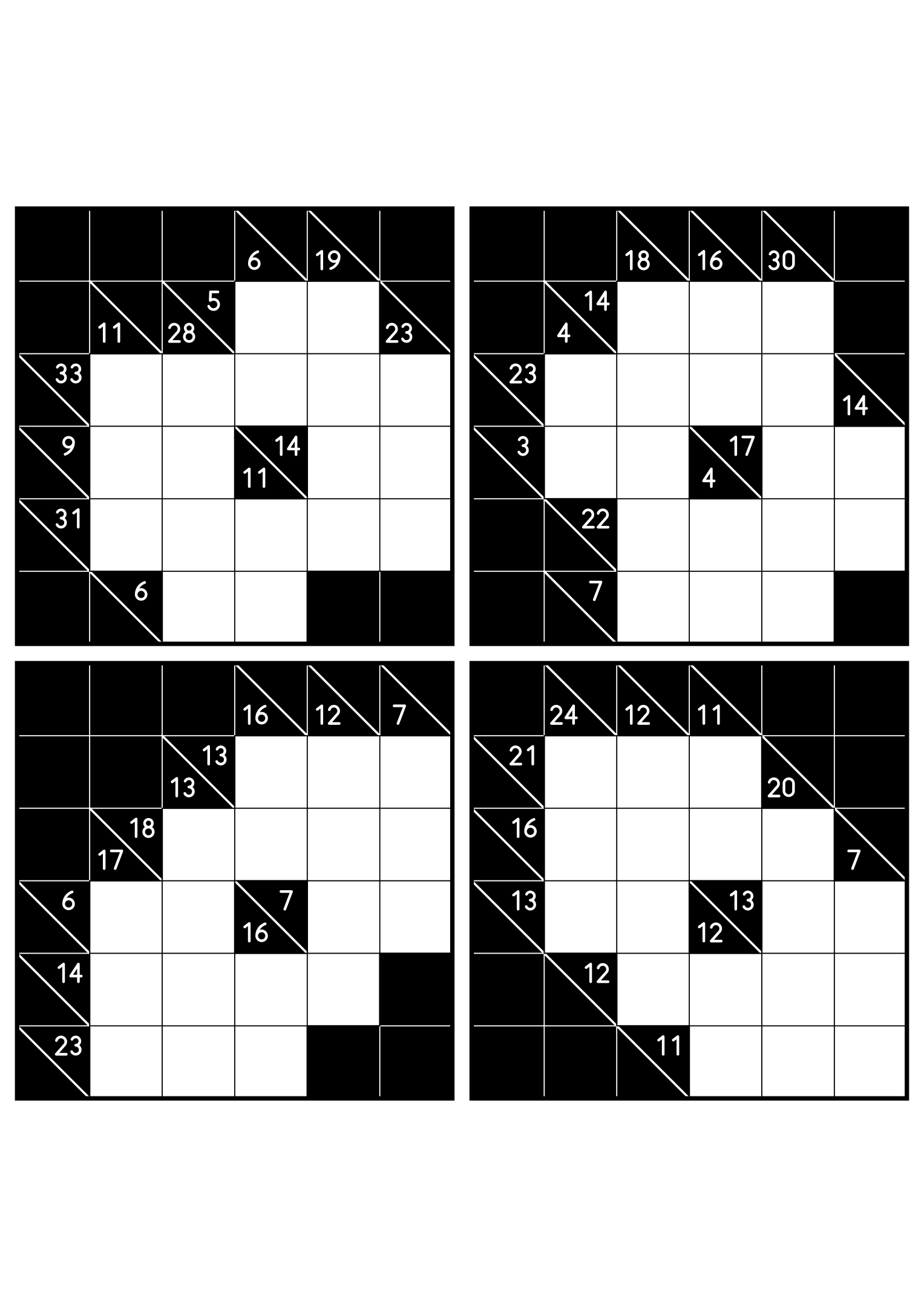 Four hard 6x6 kakuro grids whose runs must be tested whole. Level: Hard, 4 puzzles per page. Variant 8.