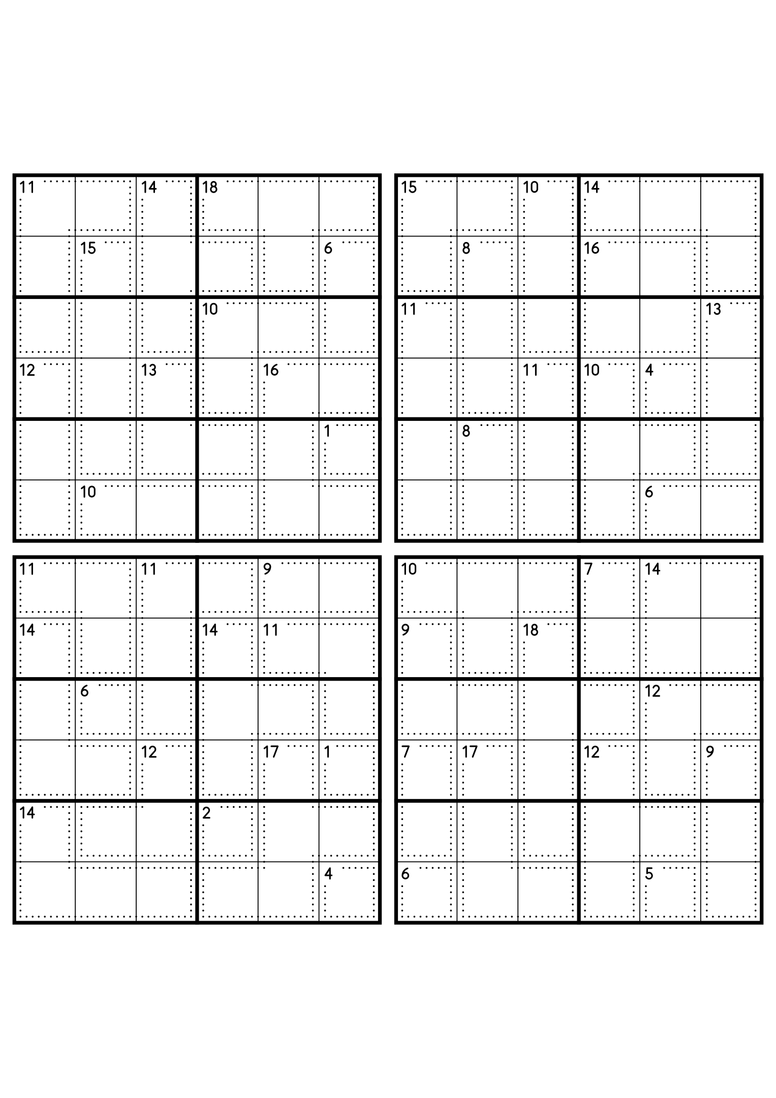Four hard 6x6 killer sudoku grids with larger cages and no given digit. Level: Hard, 4 puzzles per page. Variant 1.