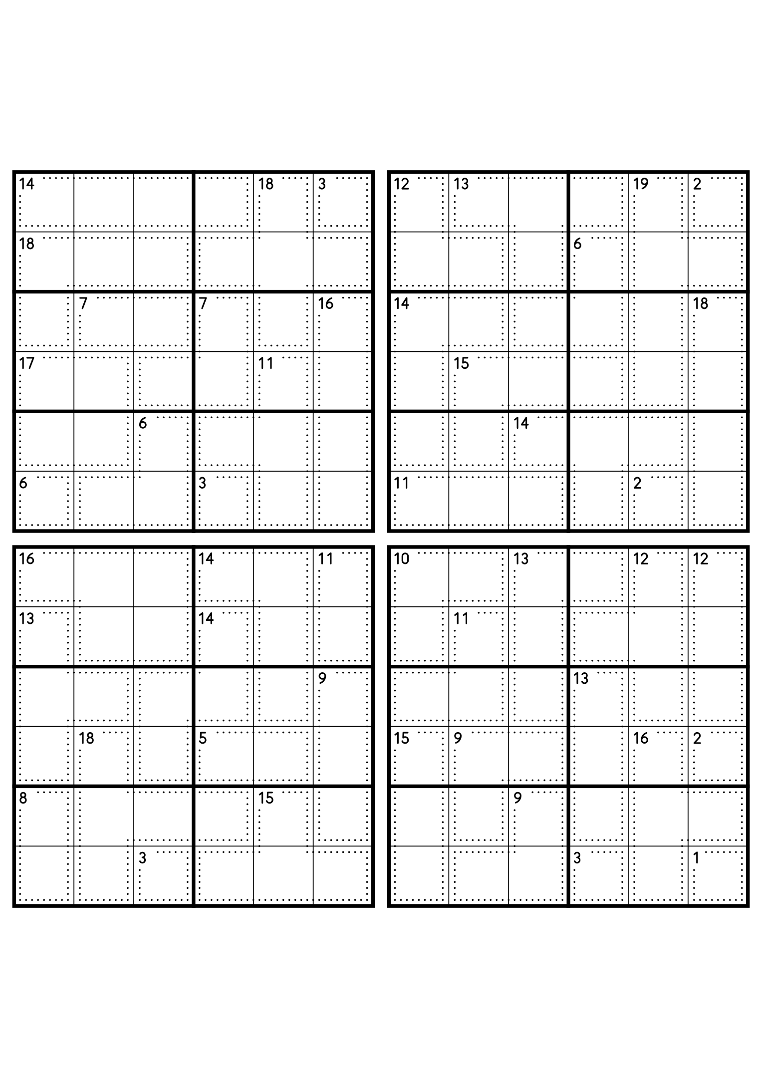 Four hard 6x6 killer sudoku grids with larger cages and no given digit. Level: Hard, 4 puzzles per page. Variant 2.