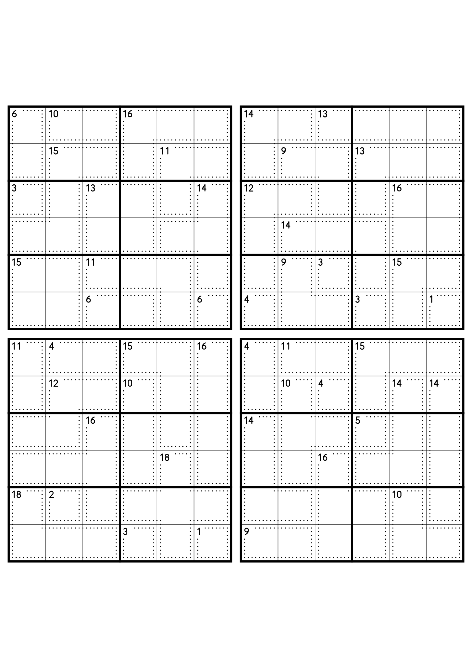 Four hard 6x6 killer sudoku grids with larger cages and no given digit. Level: Hard, 4 puzzles per page. Variant 3.