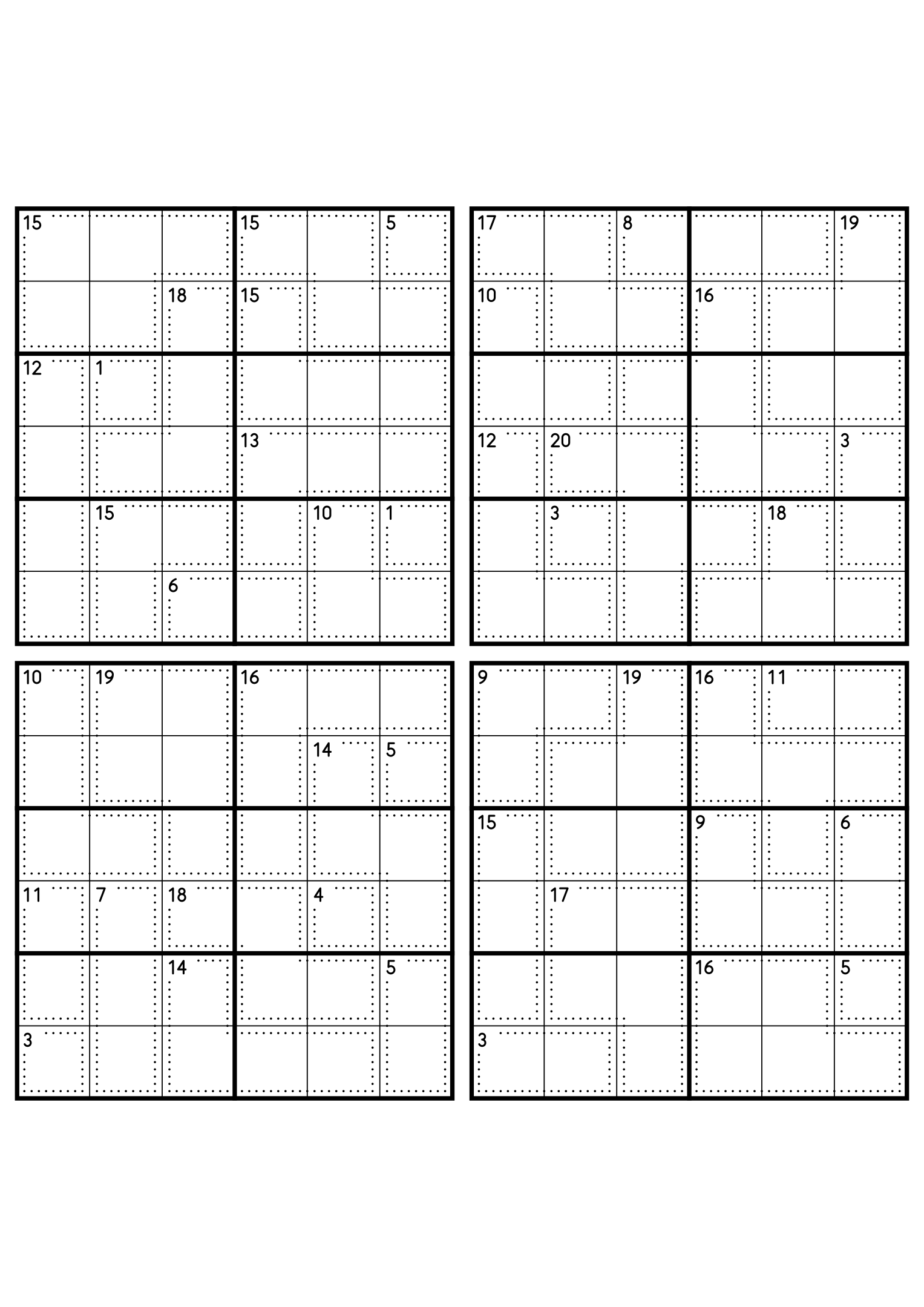 Four hard 6x6 killer sudoku grids with larger cages and no given digit. Level: Hard, 4 puzzles per page. Variant 4.