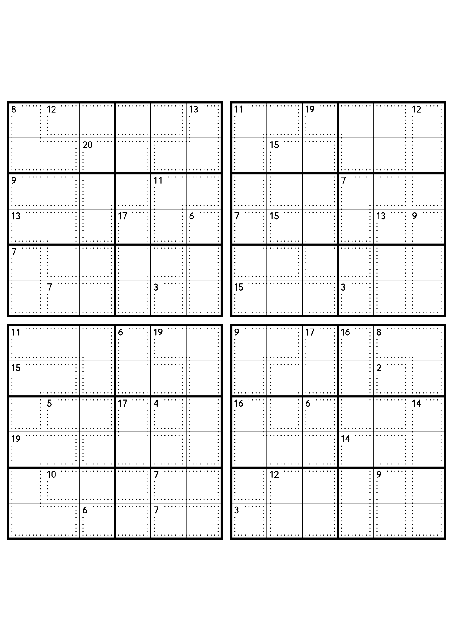 Four hard 6x6 killer sudoku grids with larger cages and no given digit. Level: Hard, 4 puzzles per page. Variant 5.