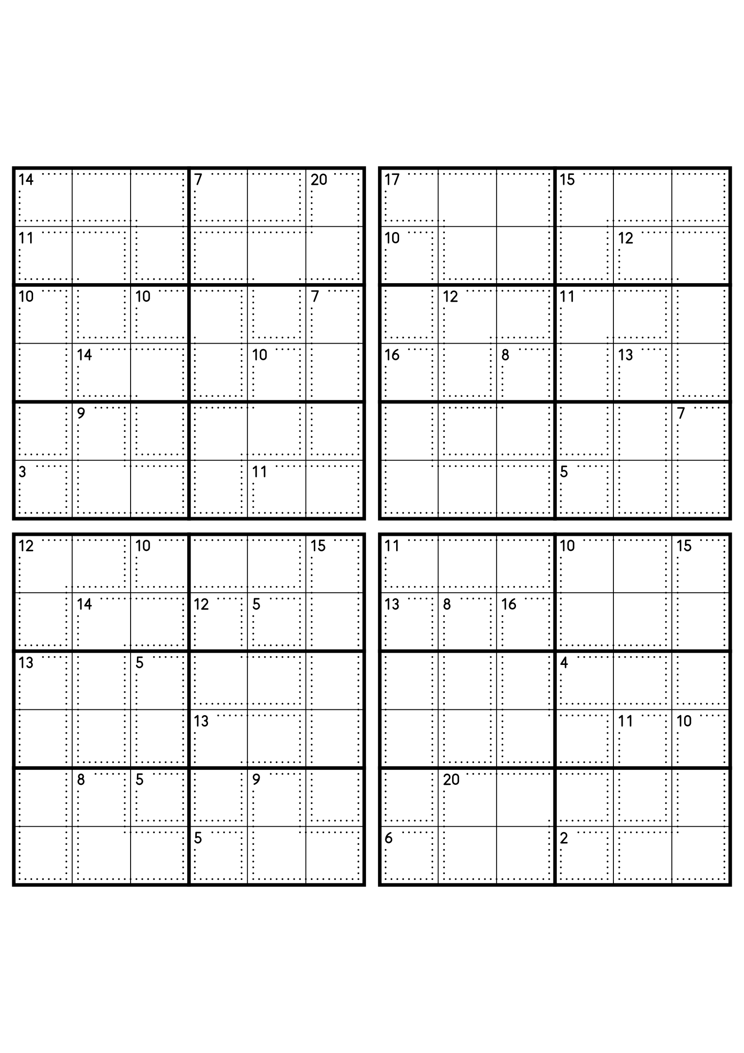 Four hard 6x6 killer sudoku grids with larger cages and no given digit. Level: Hard, 4 puzzles per page. Variant 6.