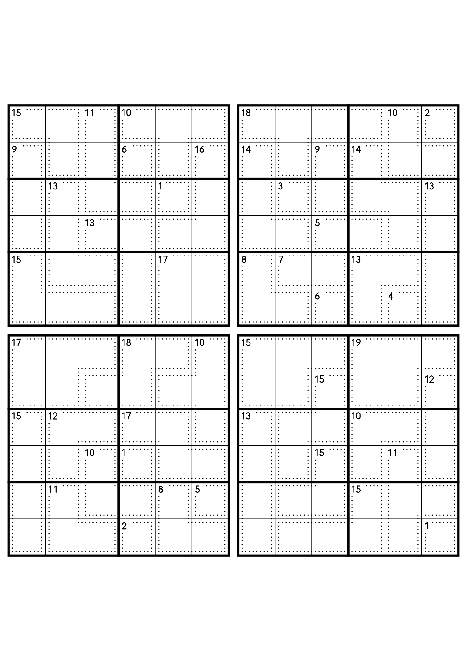 Four hard 6x6 killer sudoku grids with larger cages and no given digit. Level: Hard, 4 puzzles per page. Variant 7.