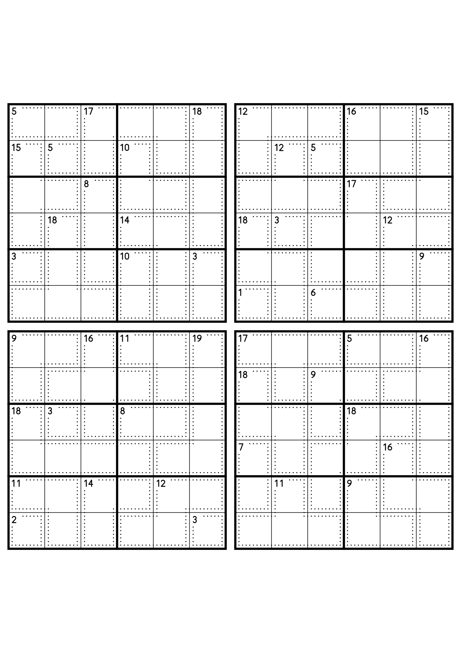 Four hard 6x6 killer sudoku grids with larger cages and no given digit. Level: Hard, 4 puzzles per page. Variant 8.