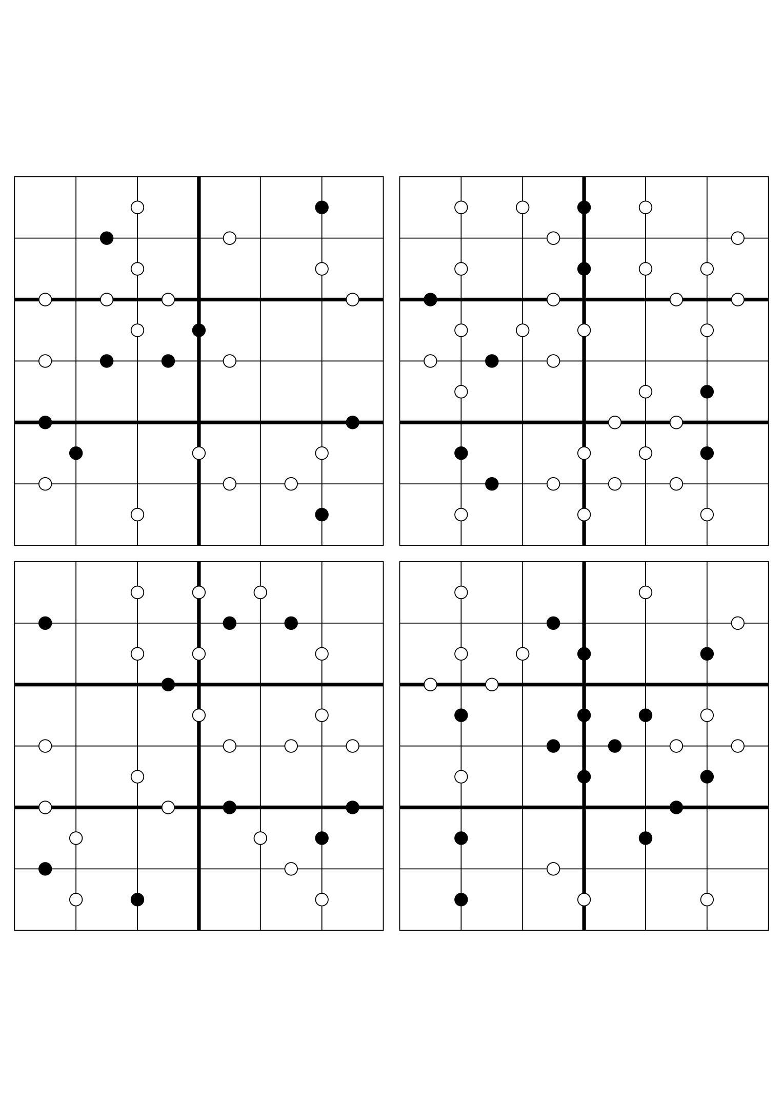 Four hard 6x6 Kropki puzzles with almost no given digits. Variant 1.
