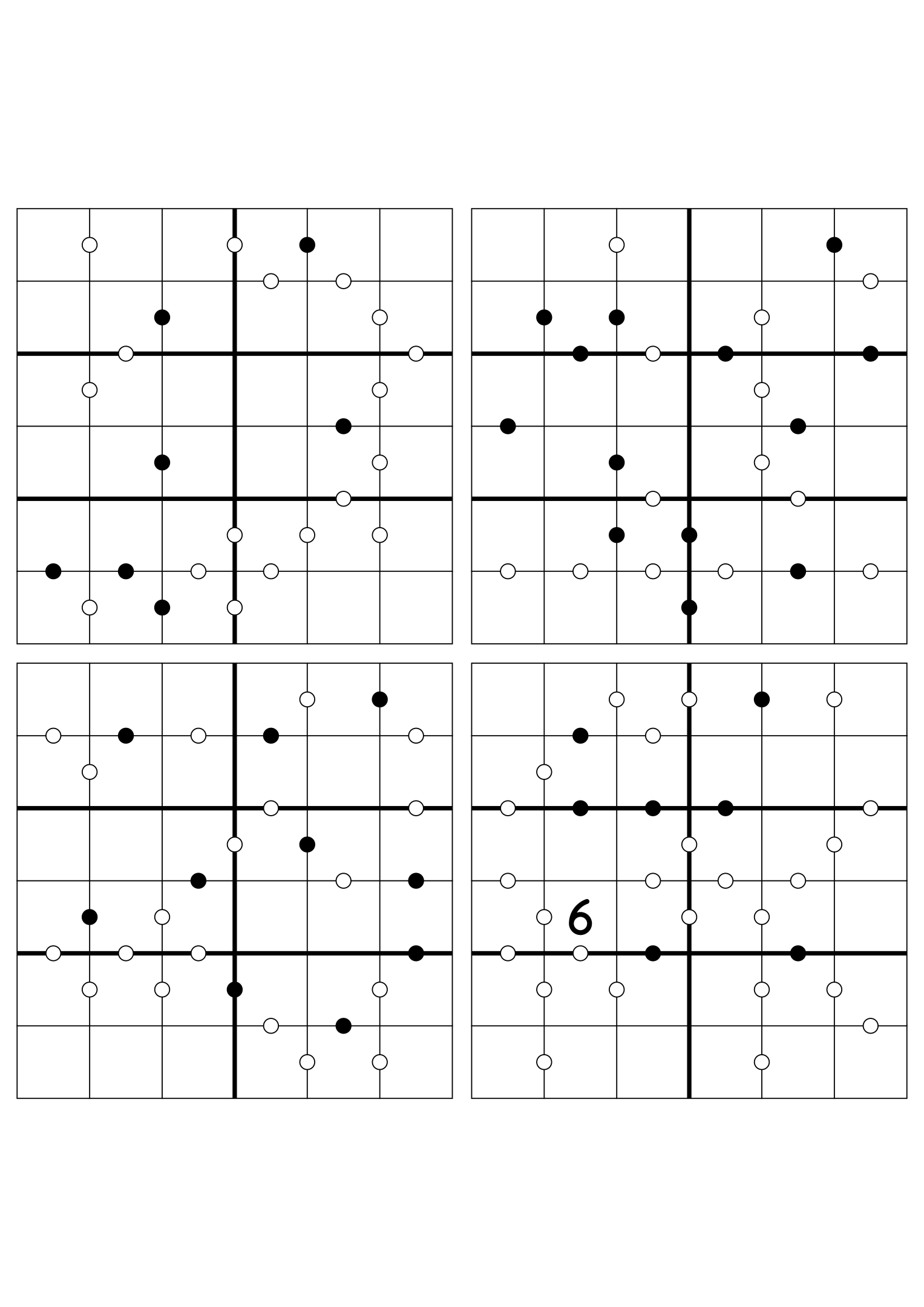 Four hard 6x6 Kropki puzzles with almost no given digits. Variant 2.