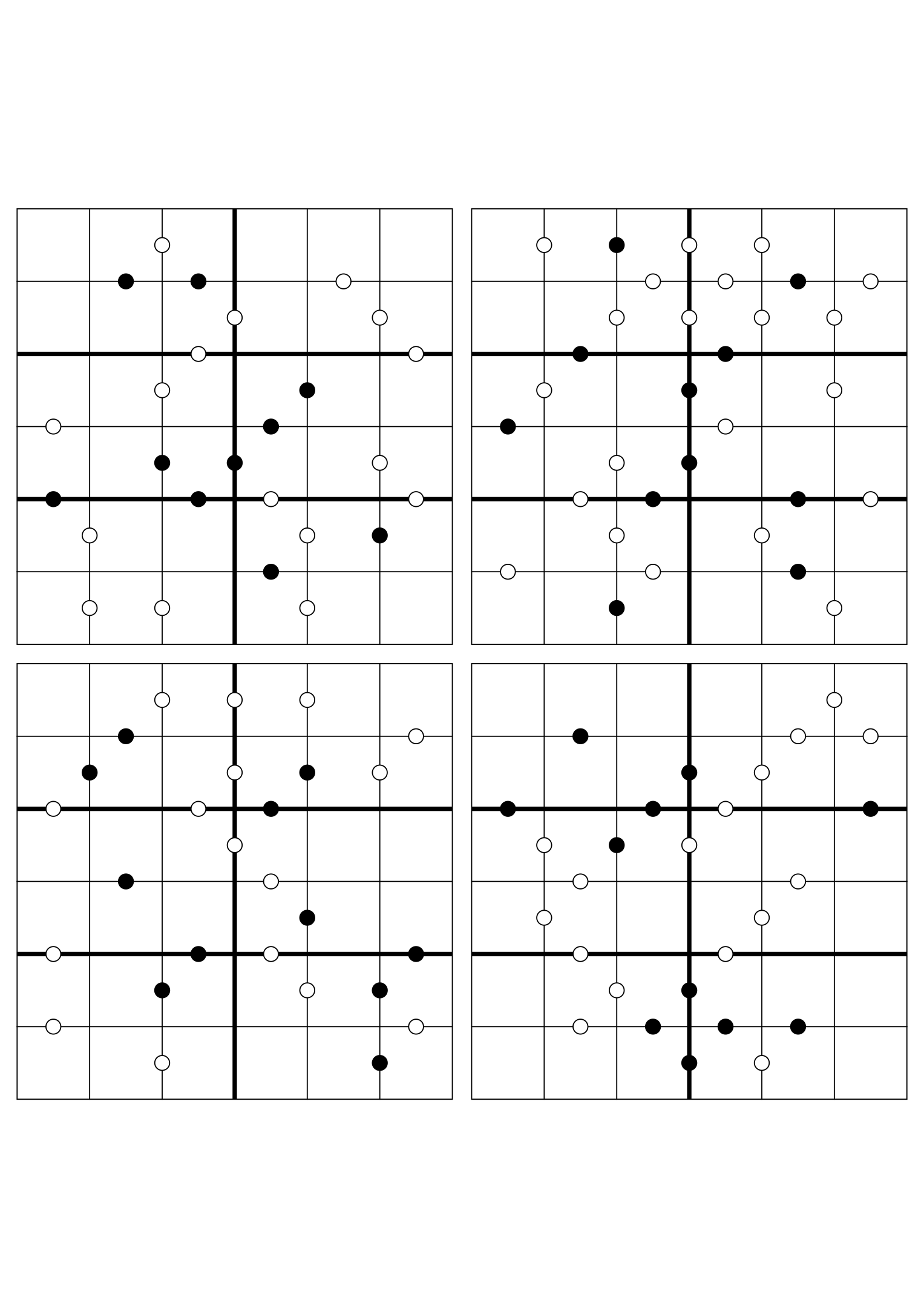 Four hard 6x6 Kropki puzzles with almost no given digits. Variant 3.