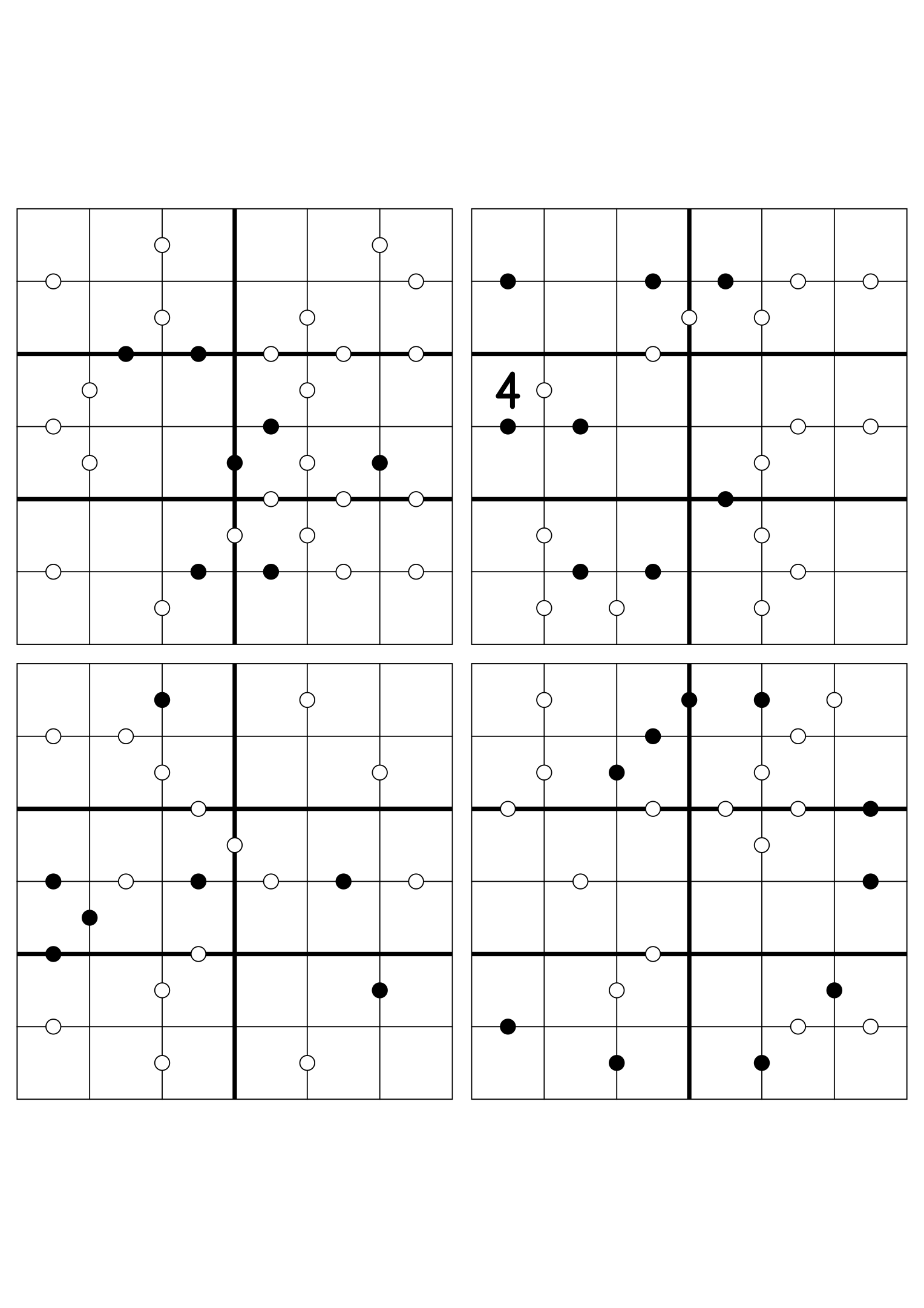 Four hard 6x6 Kropki puzzles with almost no given digits. Variant 4.