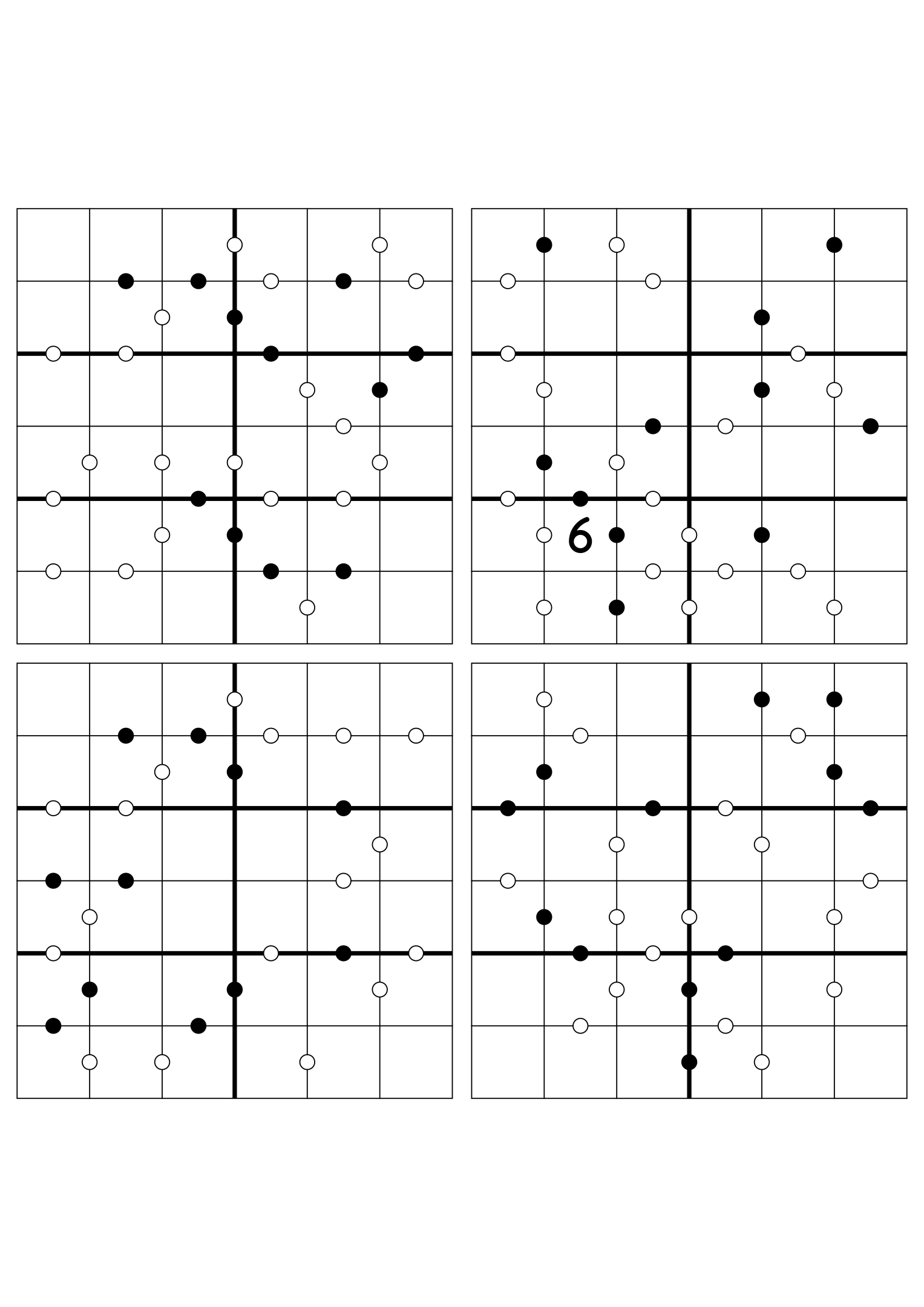 Four hard 6x6 Kropki puzzles with almost no given digits. Variant 5.