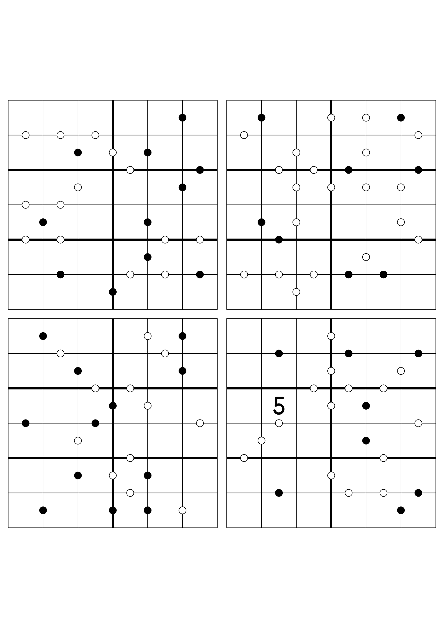 Four hard 6x6 Kropki puzzles with almost no given digits. Variant 6.