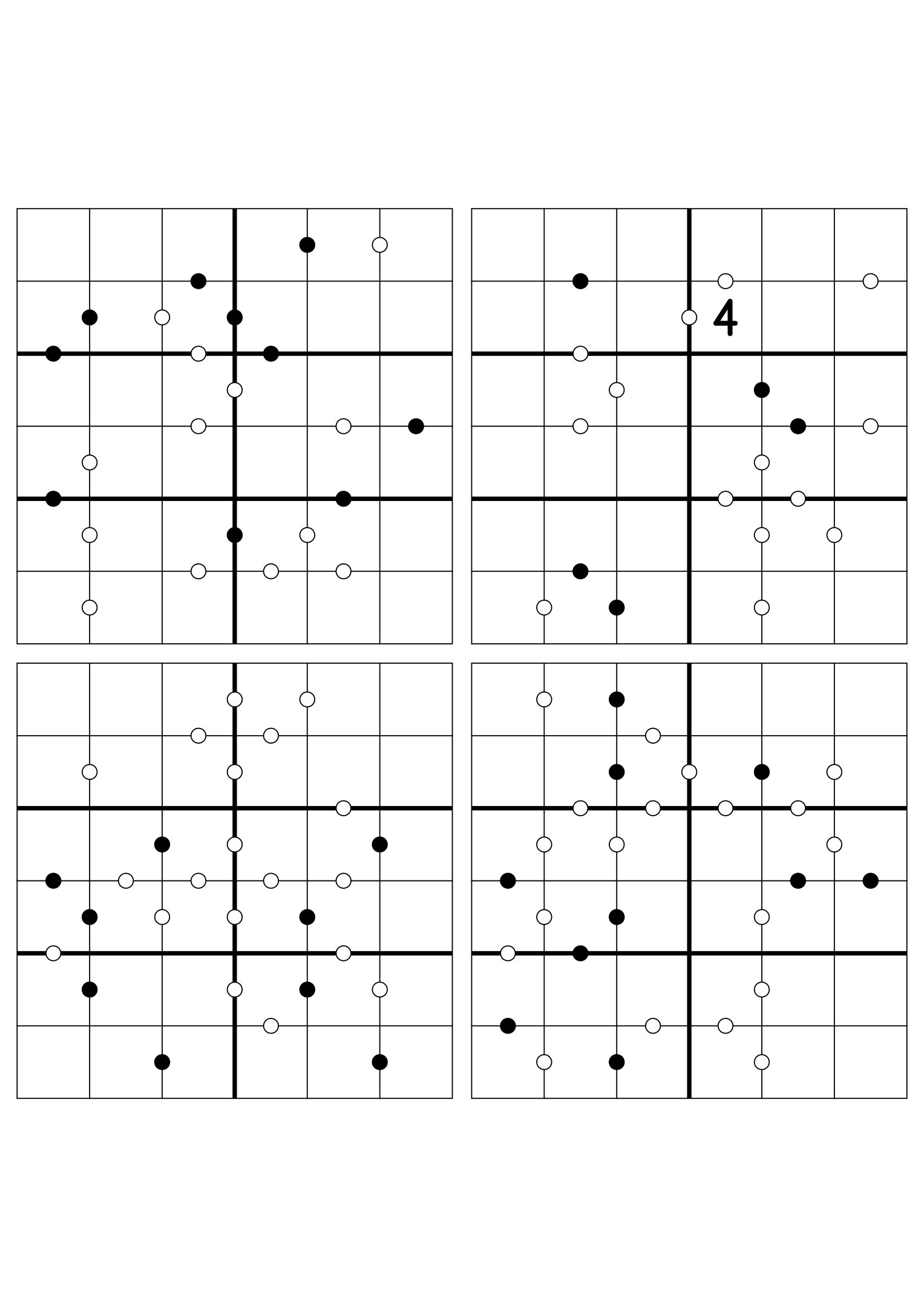 Four hard 6x6 Kropki puzzles with almost no given digits. Variant 7.