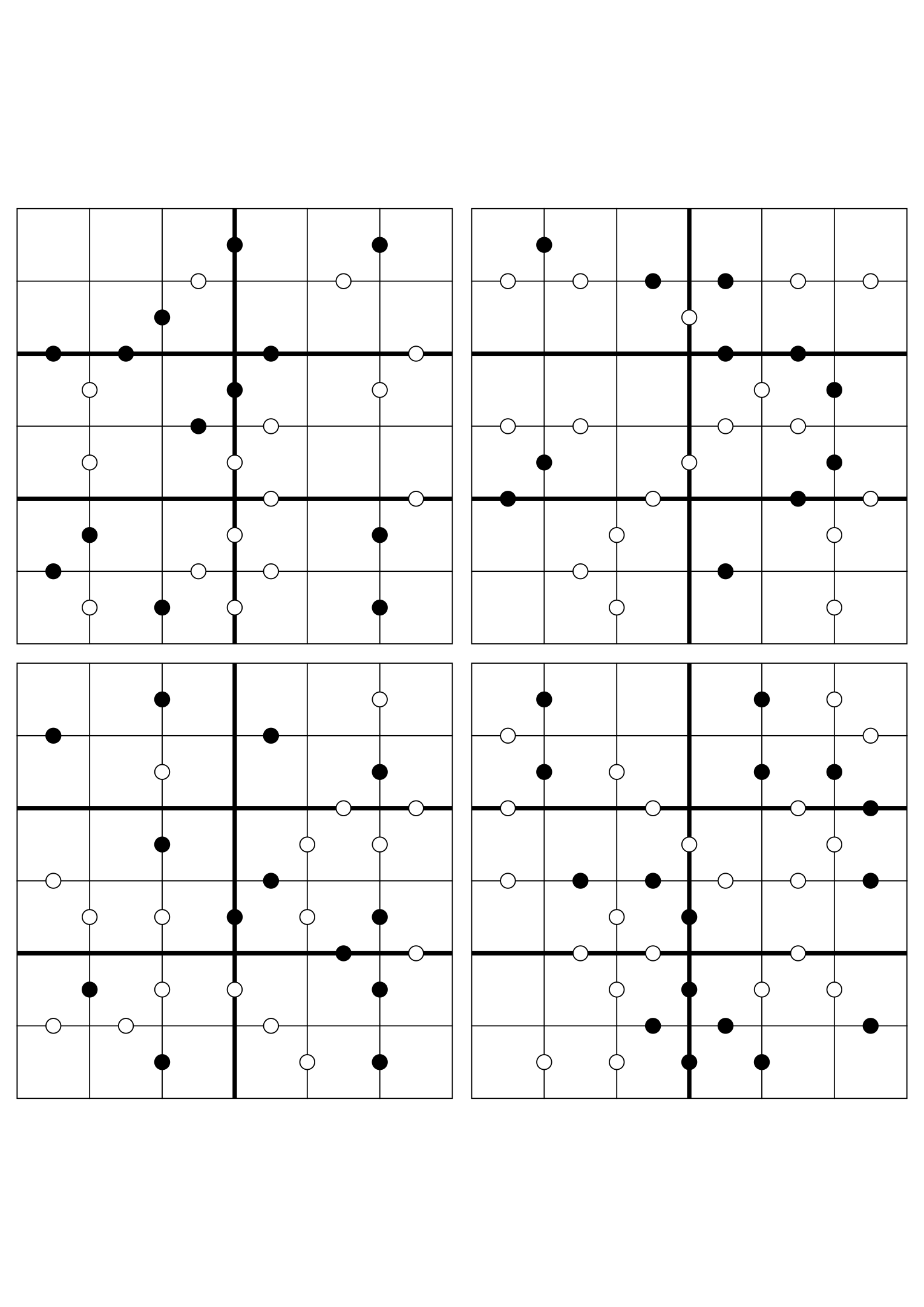Four hard 6x6 Kropki puzzles with almost no given digits. Variant 8.