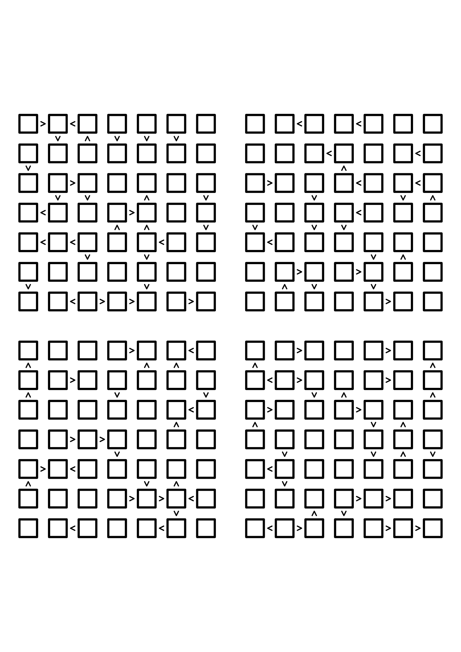 Four hard 7x7 futoshiki grids with inequality signs only, no given digit. Level: Hard, 4 puzzles per page. Variant 1.