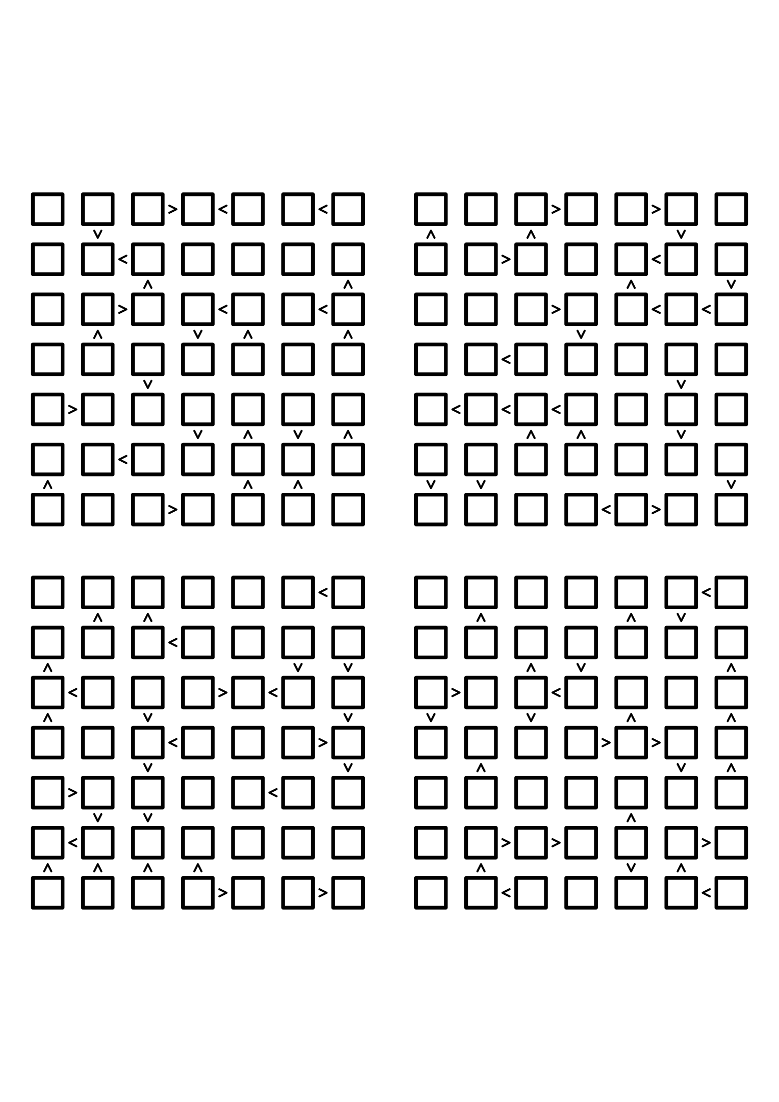 Four hard 7x7 futoshiki grids with inequality signs only, no given digit. Level: Hard, 4 puzzles per page. Variant 2.