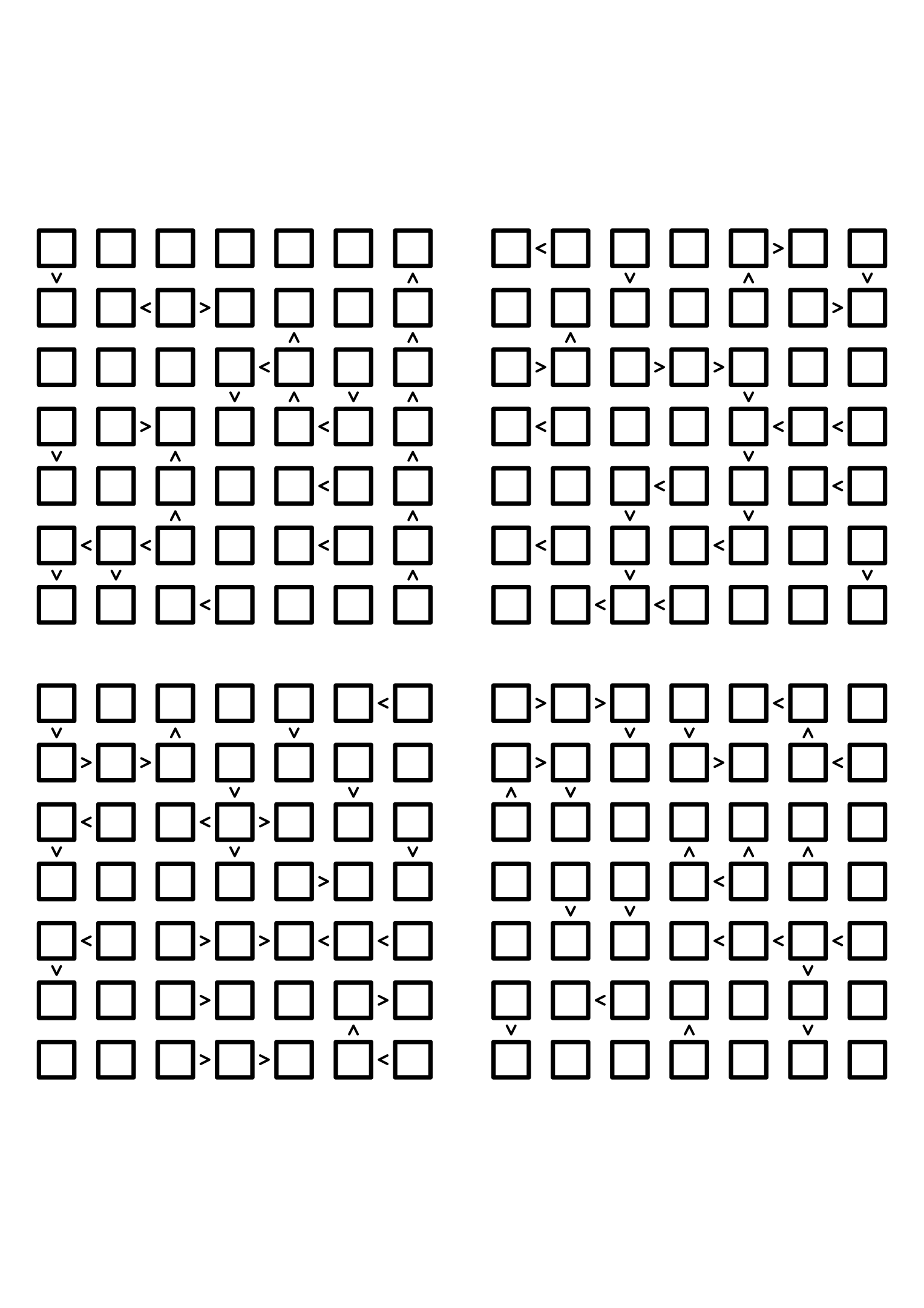 Four hard 7x7 futoshiki grids with inequality signs only, no given digit. Level: Hard, 4 puzzles per page. Variant 3.