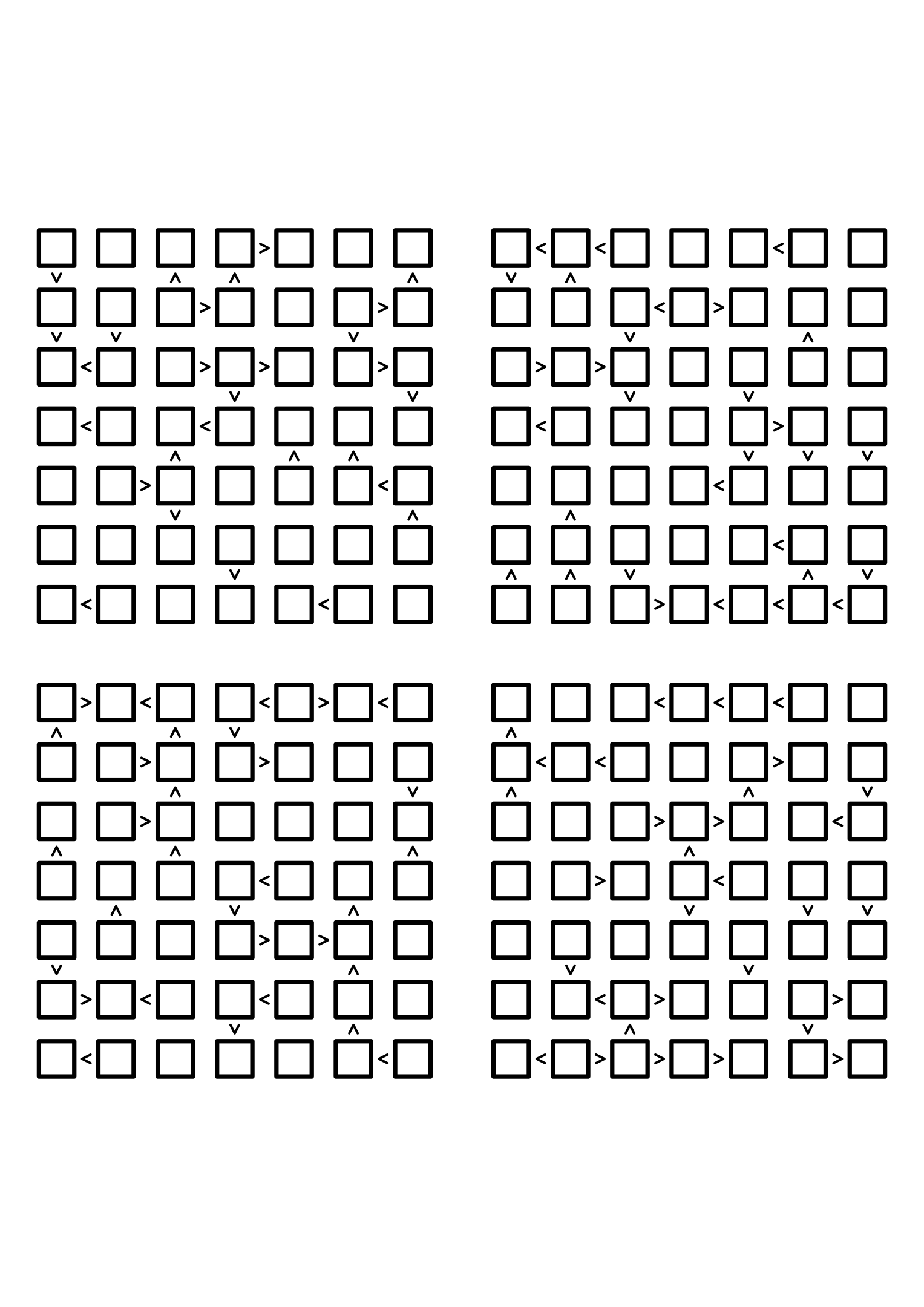 Four hard 7x7 futoshiki grids with inequality signs only, no given digit. Level: Hard, 4 puzzles per page. Variant 4.