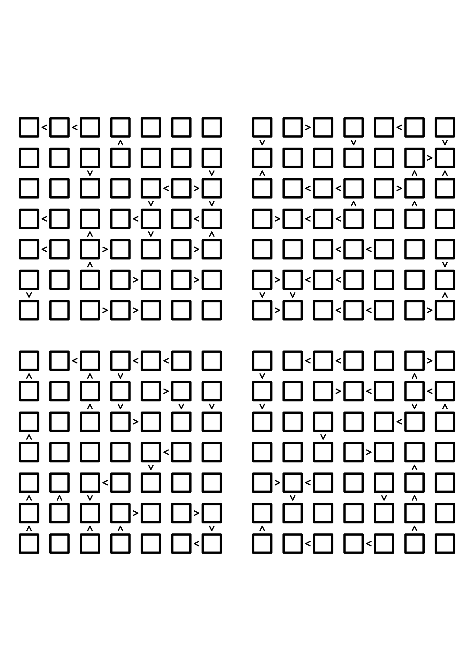 Four hard 7x7 futoshiki grids with inequality signs only, no given digit. Level: Hard, 4 puzzles per page. Variant 5.
