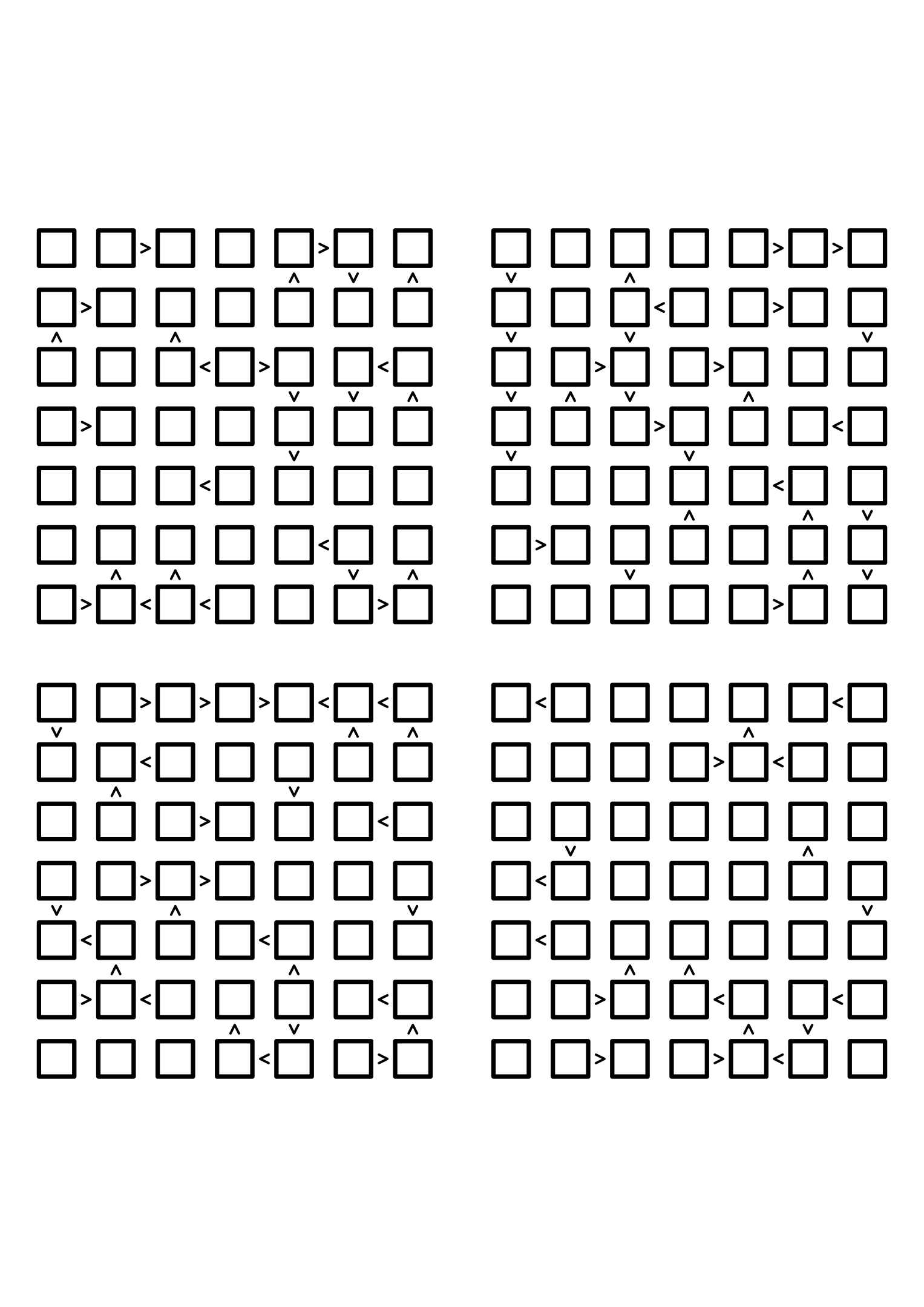 Four hard 7x7 futoshiki grids with inequality signs only, no given digit. Level: Hard, 4 puzzles per page. Variant 6.