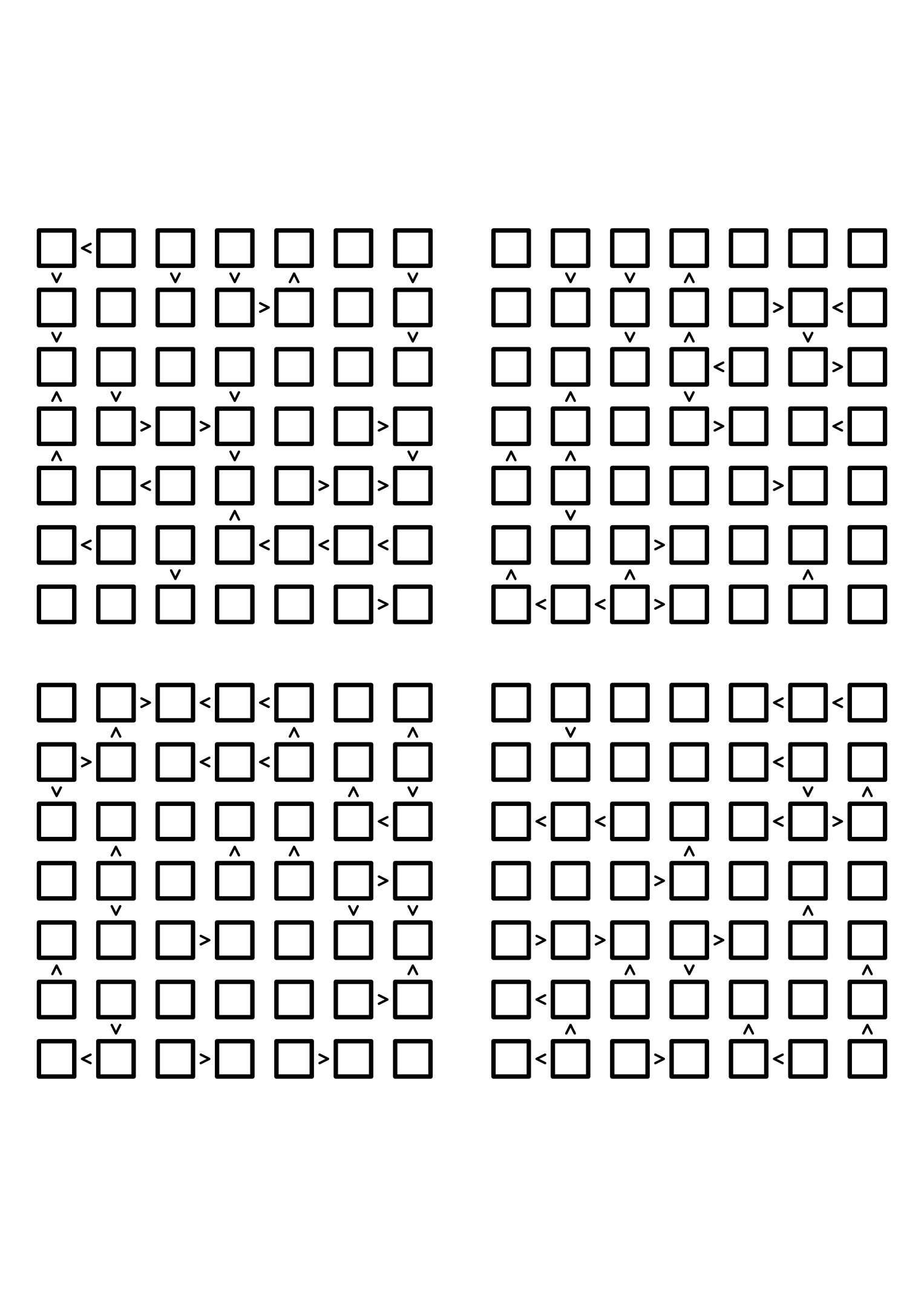 Four hard 7x7 futoshiki grids with inequality signs only, no given digit. Level: Hard, 4 puzzles per page. Variant 7.