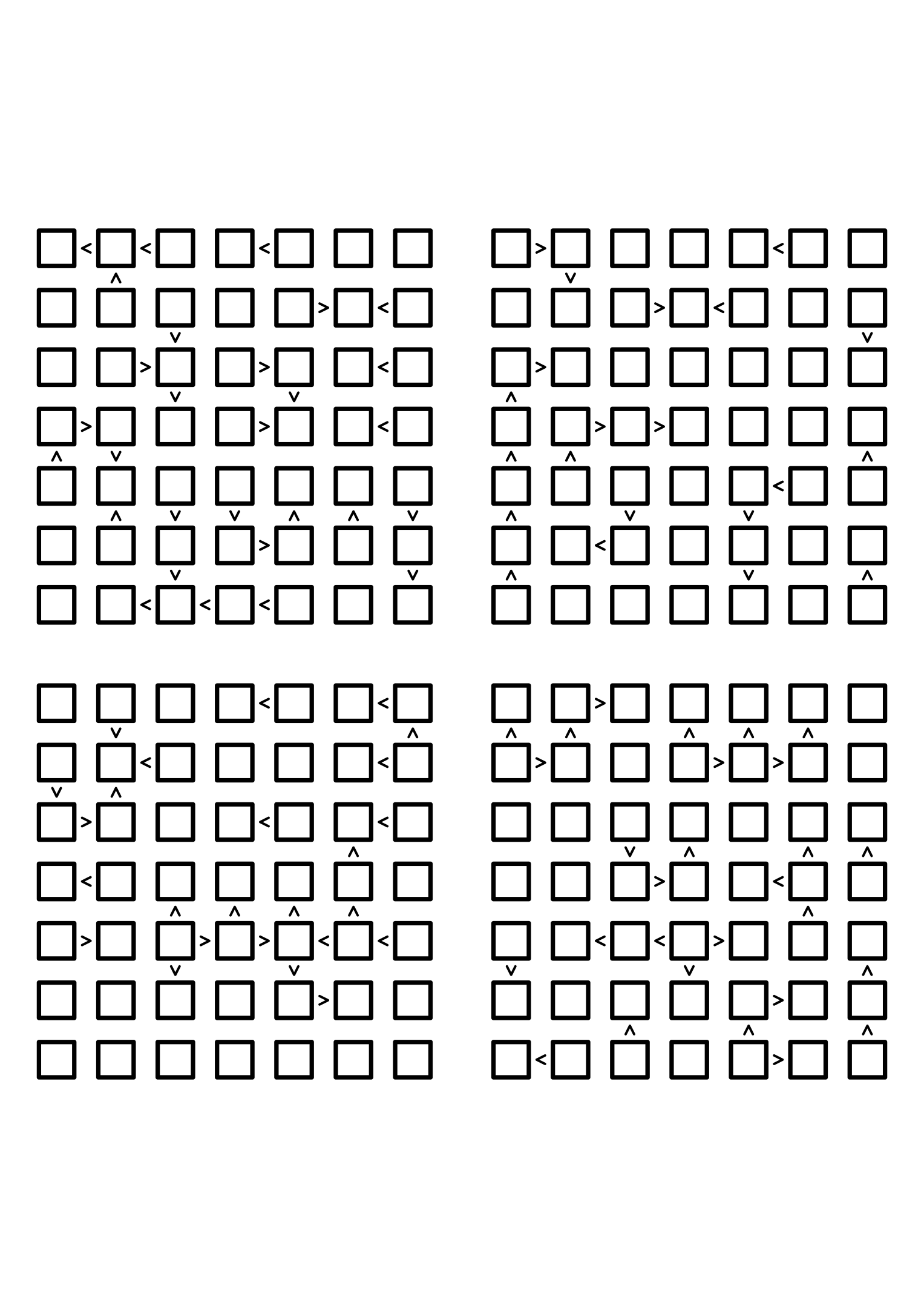Four hard 7x7 futoshiki grids with inequality signs only, no given digit. Level: Hard, 4 puzzles per page. Variant 8.