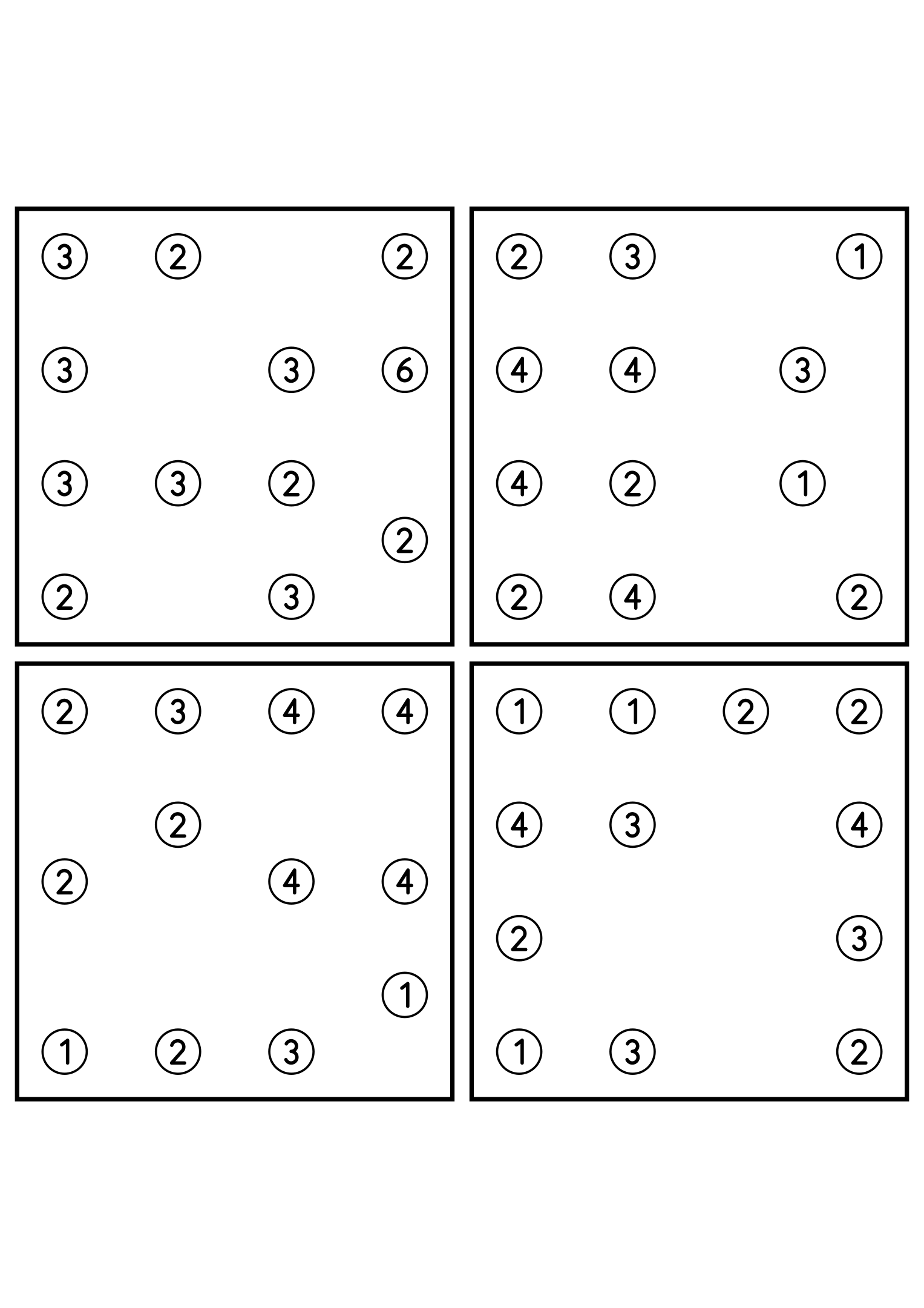 Four hard 7x7 hashi puzzles with bridges to test in your head. Level: Hard, 4 puzzles per page. Variant 1.