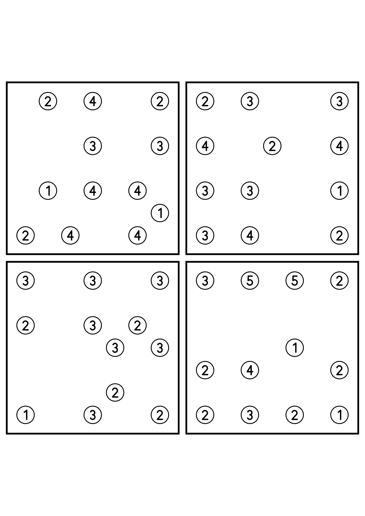Four hard 7x7 hashi puzzles with bridges to test in your head. Level: Hard, 4 puzzles per page. Variant 2.