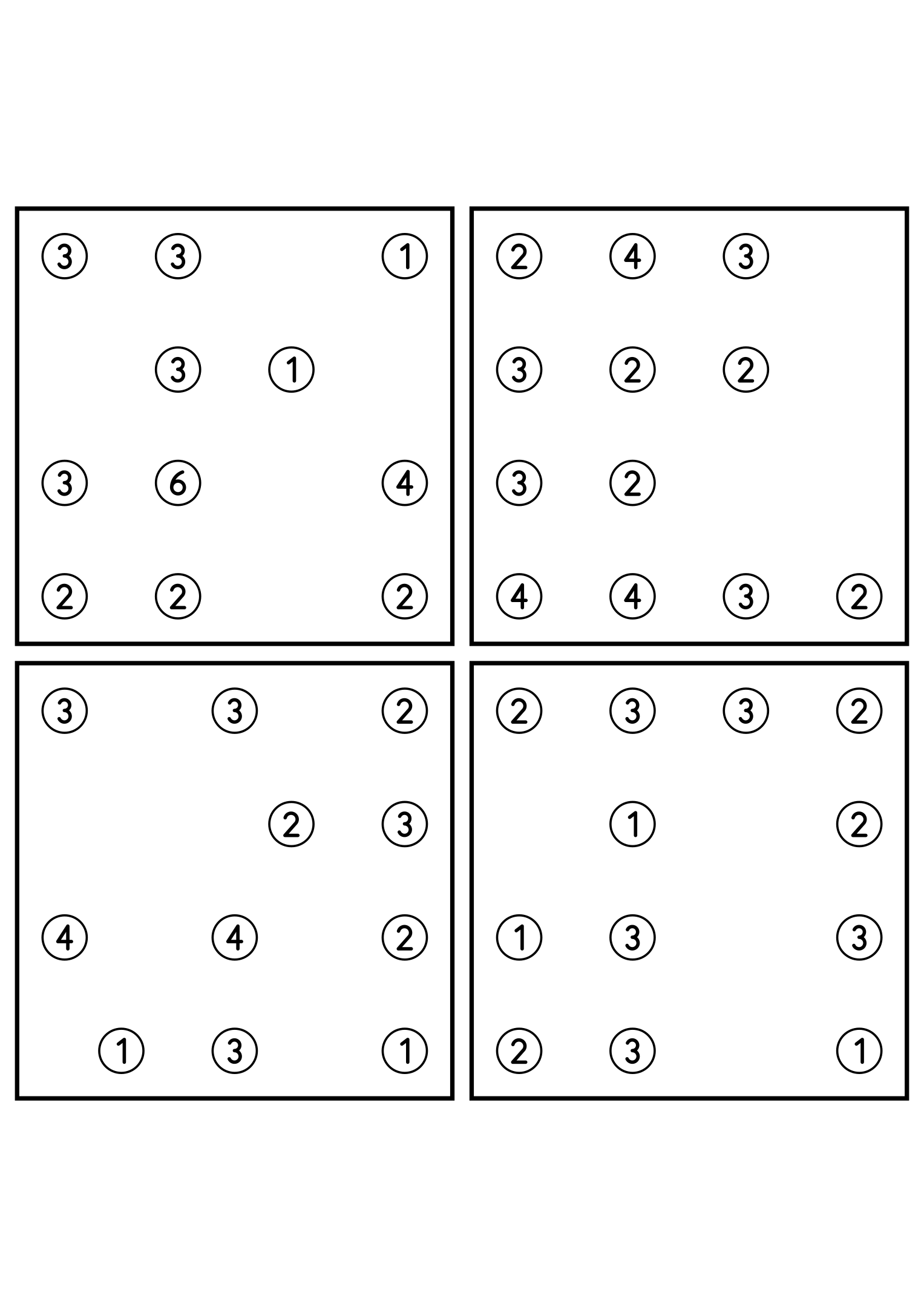 Four hard 7x7 hashi puzzles with bridges to test in your head. Level: Hard, 4 puzzles per page. Variant 4.