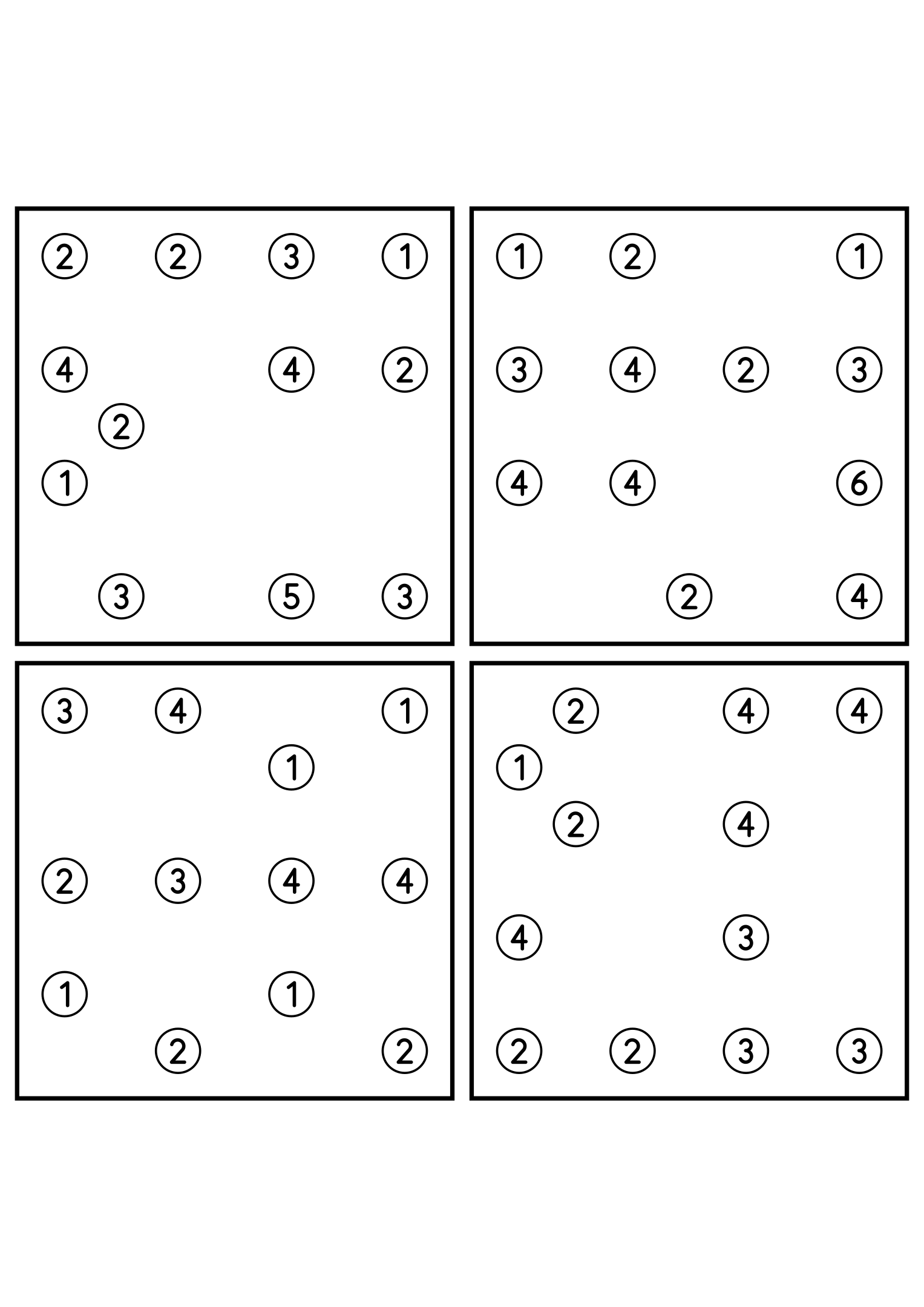 Four hard 7x7 hashi puzzles with bridges to test in your head. Level: Hard, 4 puzzles per page. Variant 5.