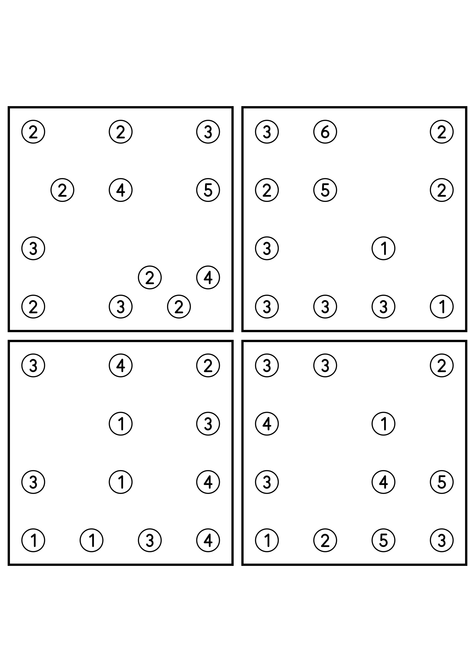 Four hard 7x7 hashi puzzles with bridges to test in your head. Level: Hard, 4 puzzles per page. Variant 6.