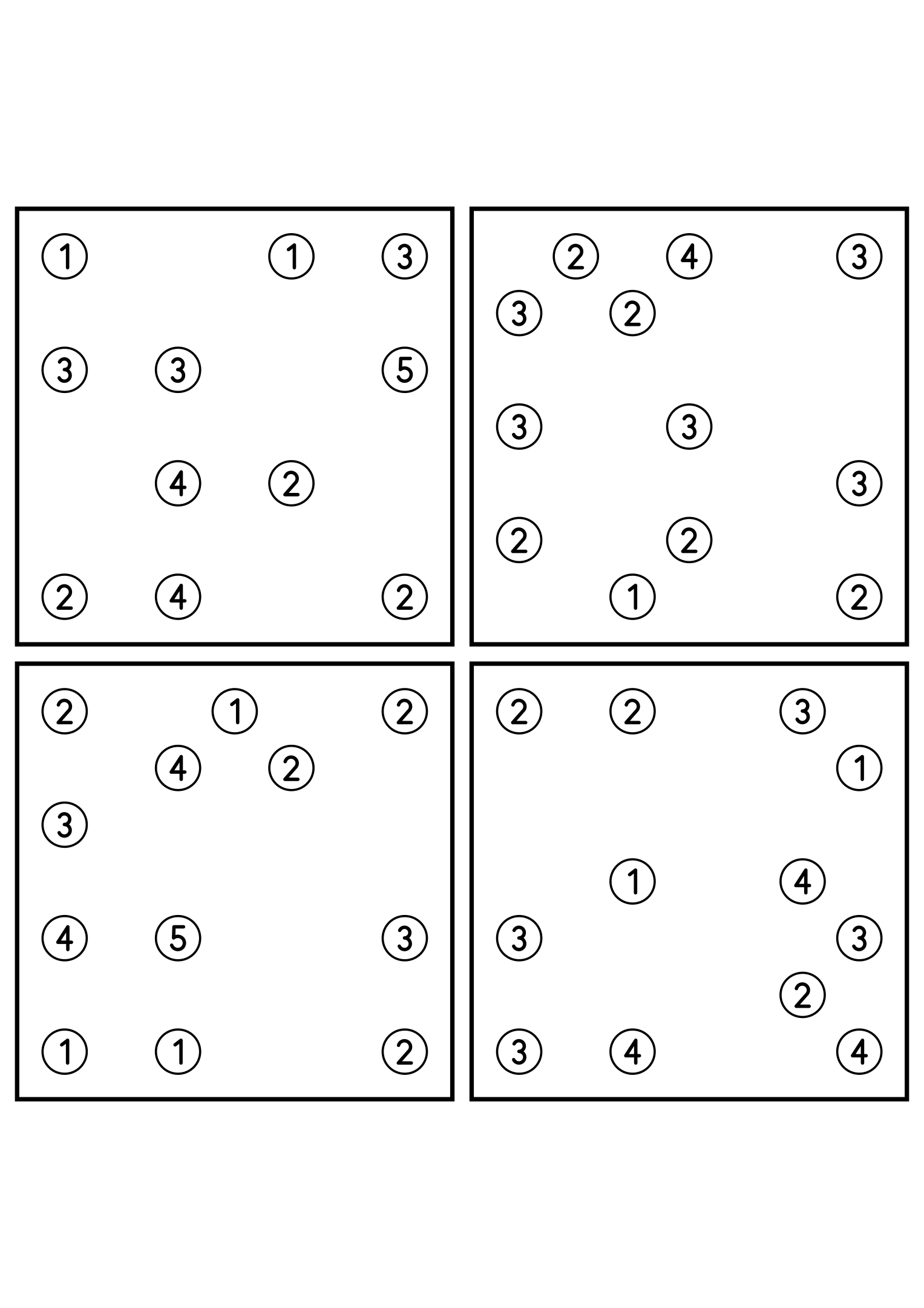 Four hard 7x7 hashi puzzles with bridges to test in your head. Level: Hard, 4 puzzles per page. Variant 8.