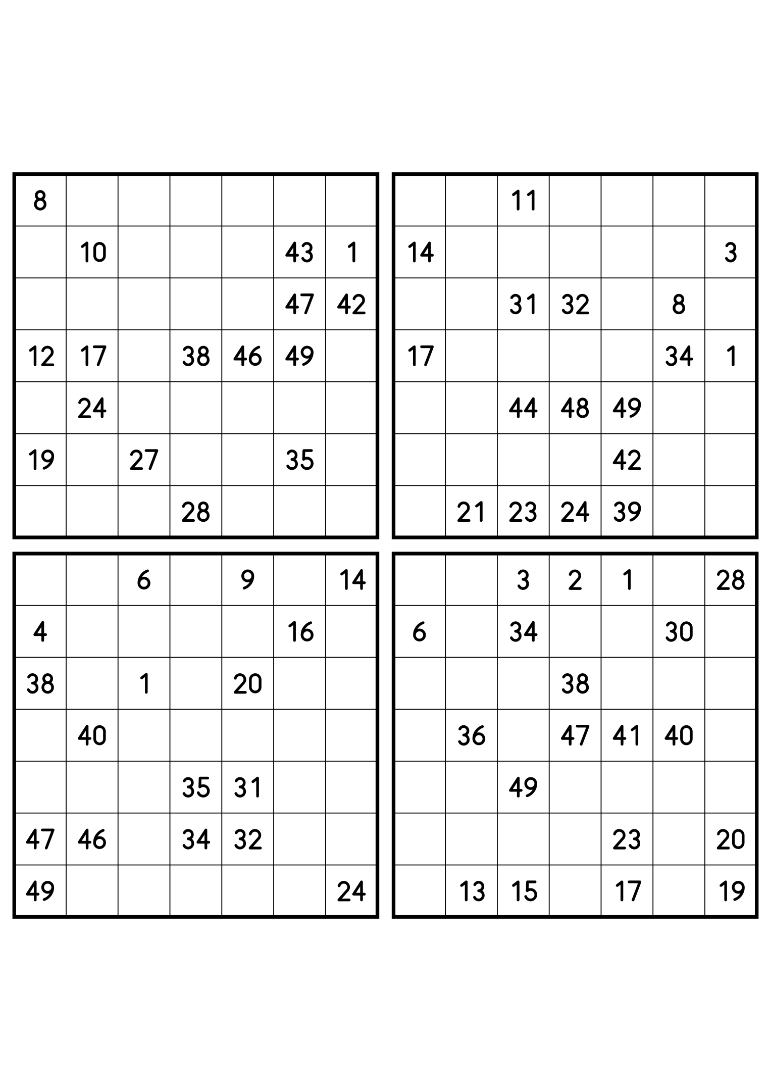 Four hard 7x7 Hidoku grids with long unclued stretches. Variant 1.
