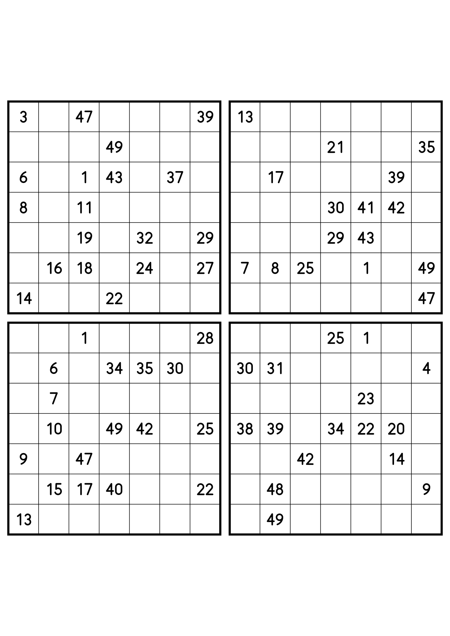 Four hard 7x7 Hidoku grids with long unclued stretches. Variant 2.