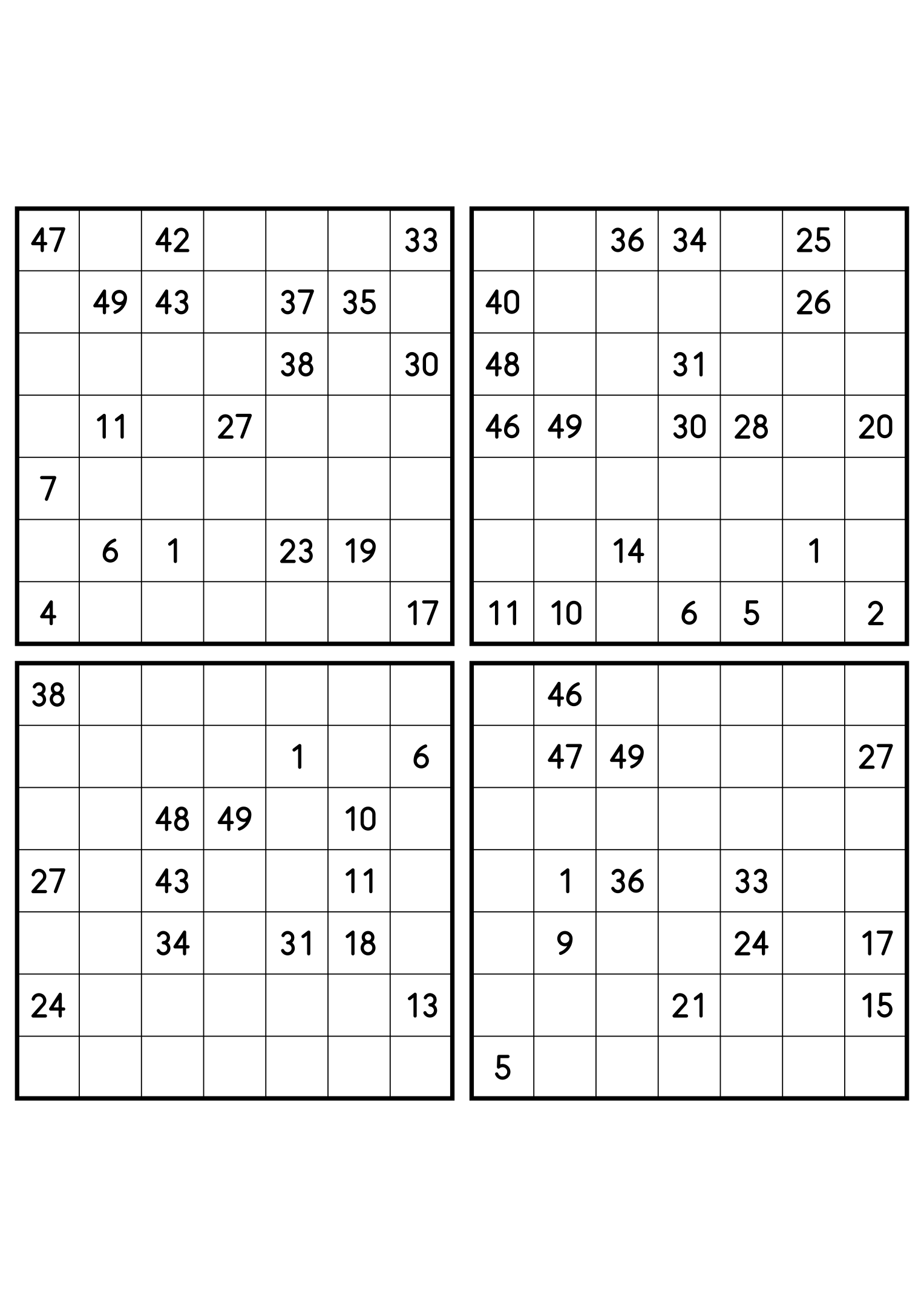 Four hard 7x7 Hidoku grids with long unclued stretches. Variant 3.