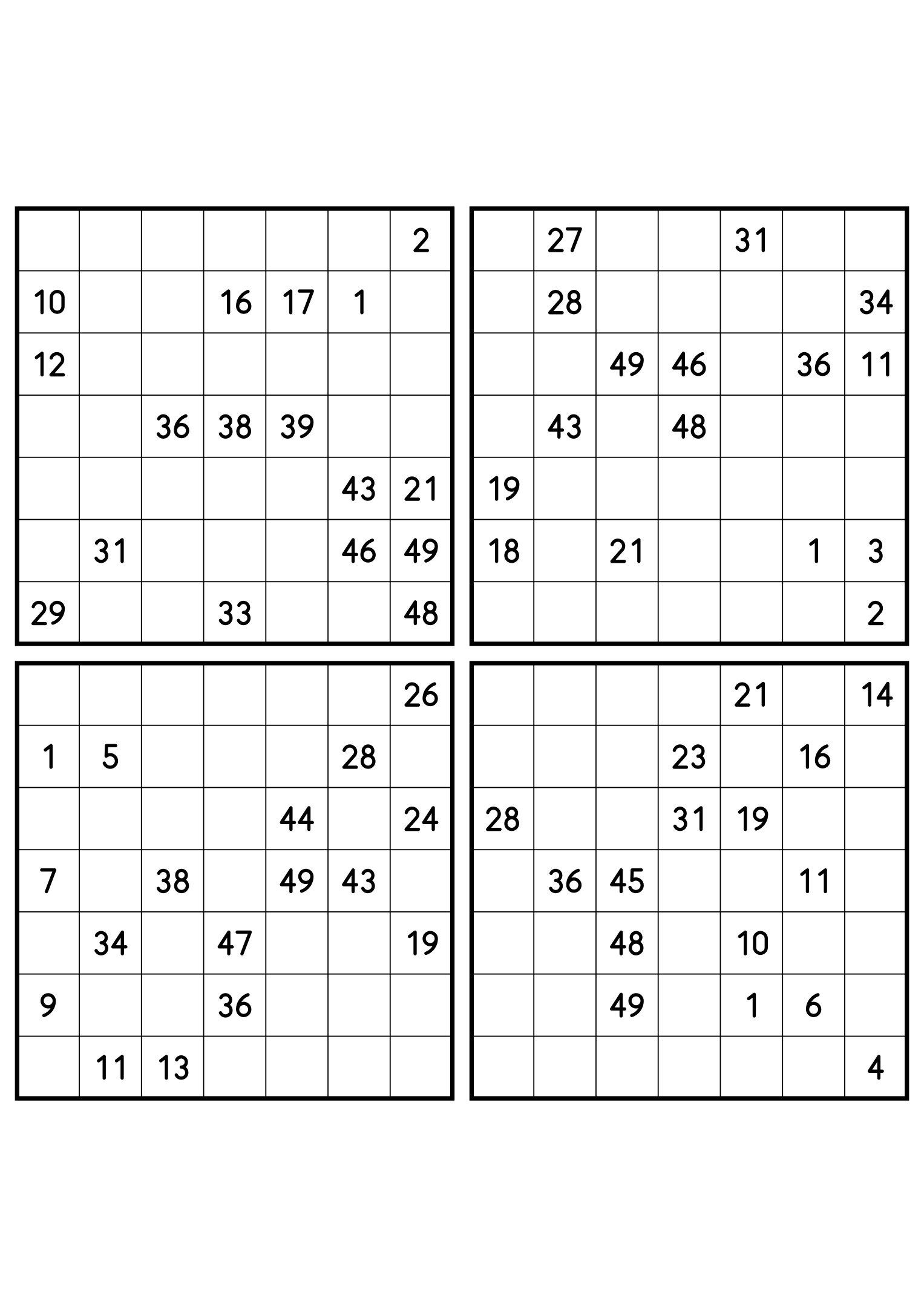 Four hard 7x7 Hidoku grids with long unclued stretches. Variant 4.