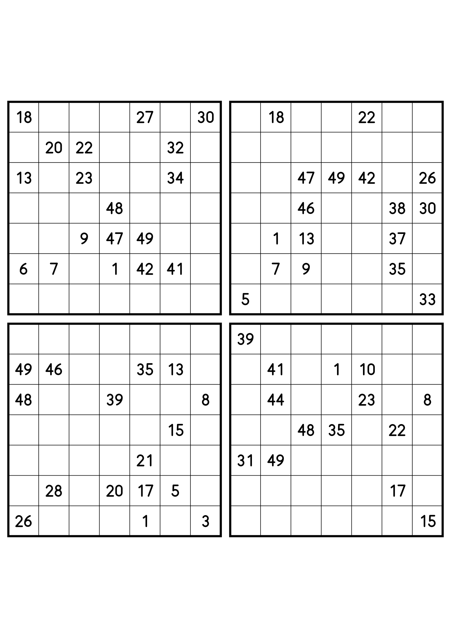 Four hard 7x7 Hidoku grids with long unclued stretches. Variant 5.