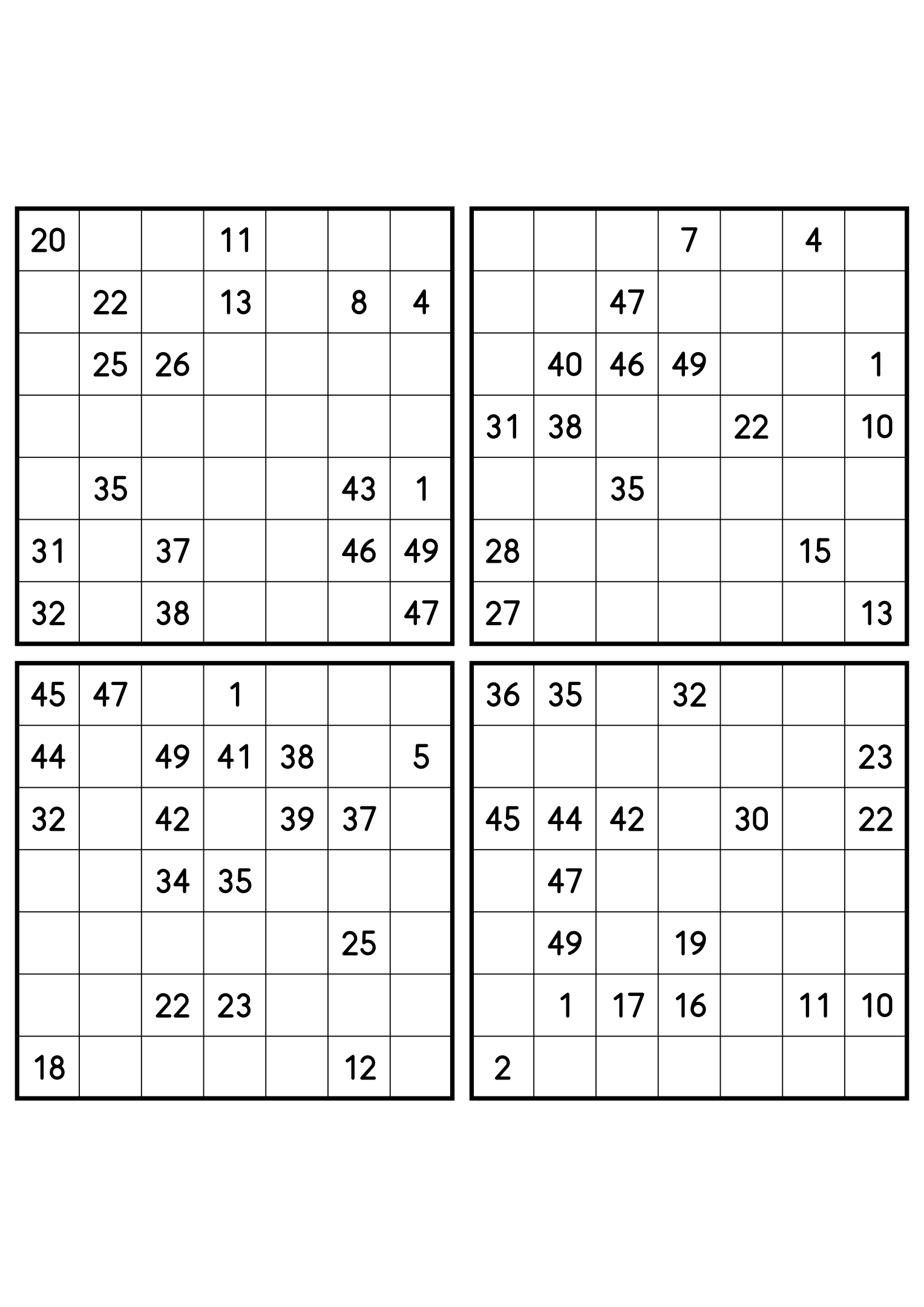 Four hard 7x7 Hidoku grids with long unclued stretches. Variant 6.
