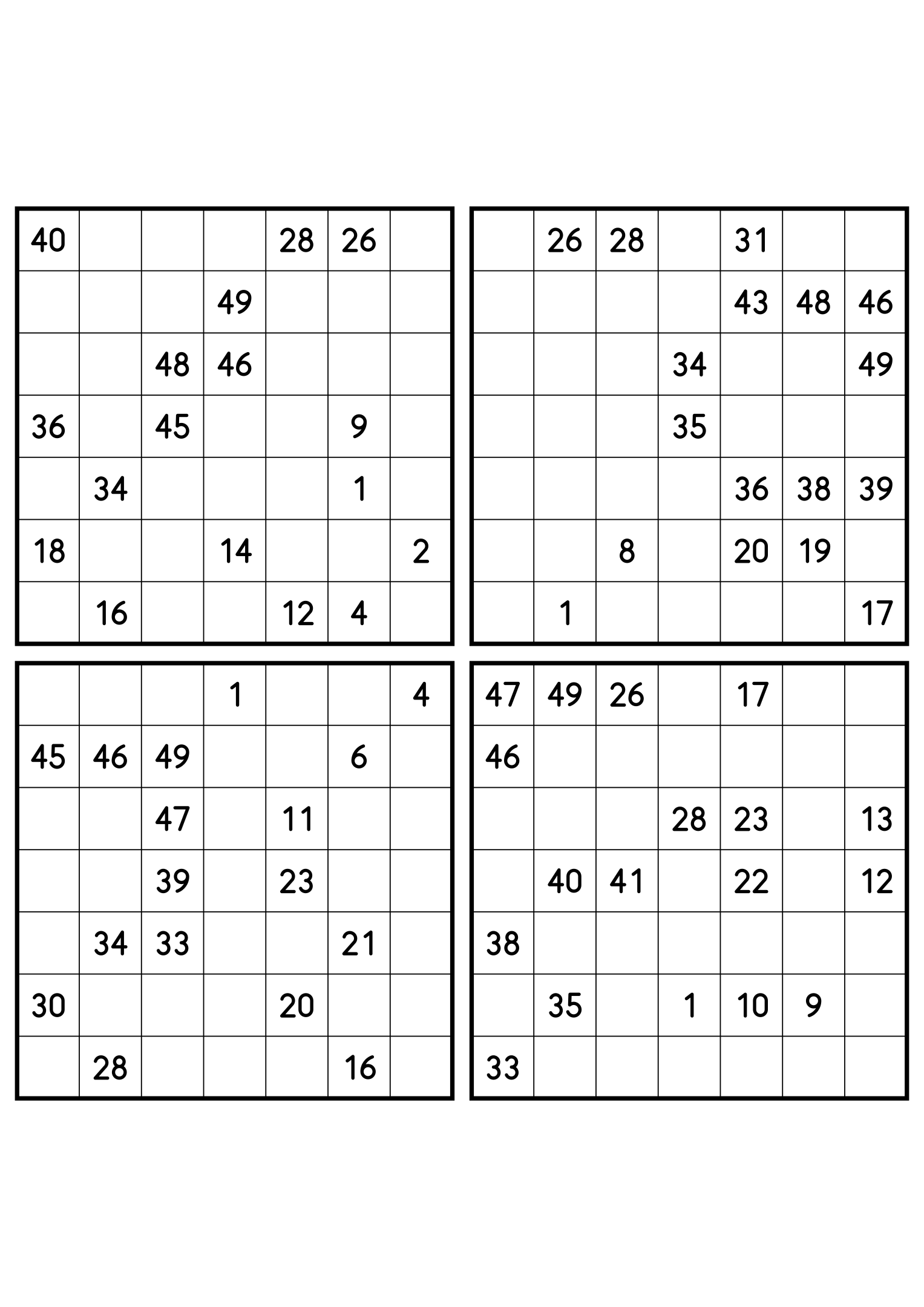Four hard 7x7 Hidoku grids with long unclued stretches. Variant 7.