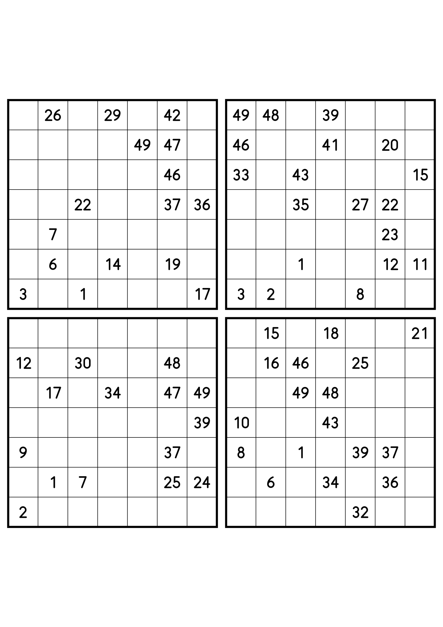 Four hard 7x7 Hidoku grids with long unclued stretches. Variant 8.