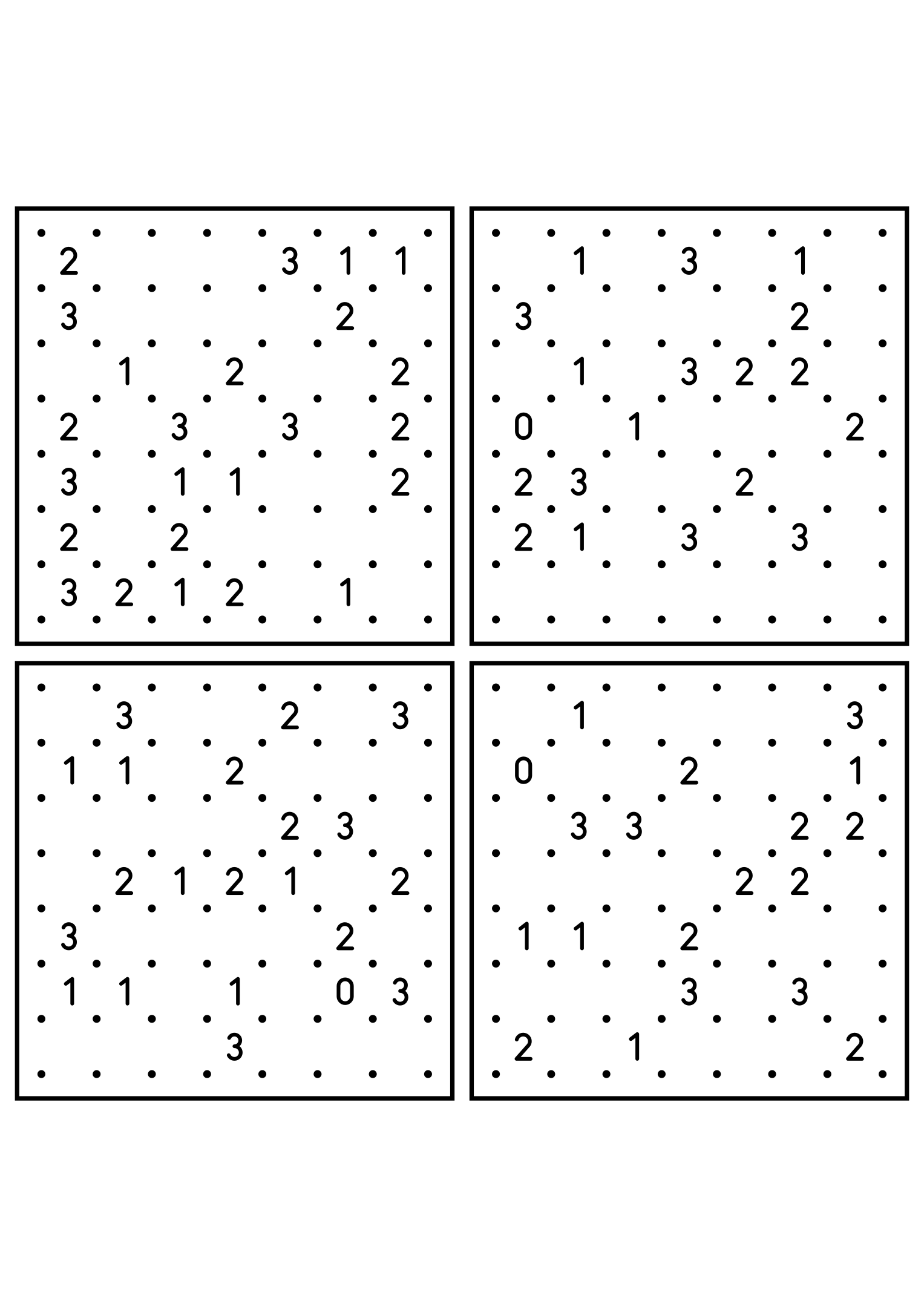 Four hard 7x7 slitherlink grids with lines to test in your head. Level: Hard, 4 puzzles per page. Variant 1.