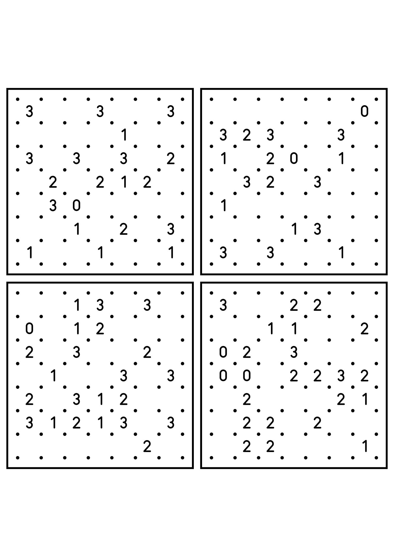 Four hard 7x7 slitherlink grids with lines to test in your head. Level: Hard, 4 puzzles per page. Variant 2.