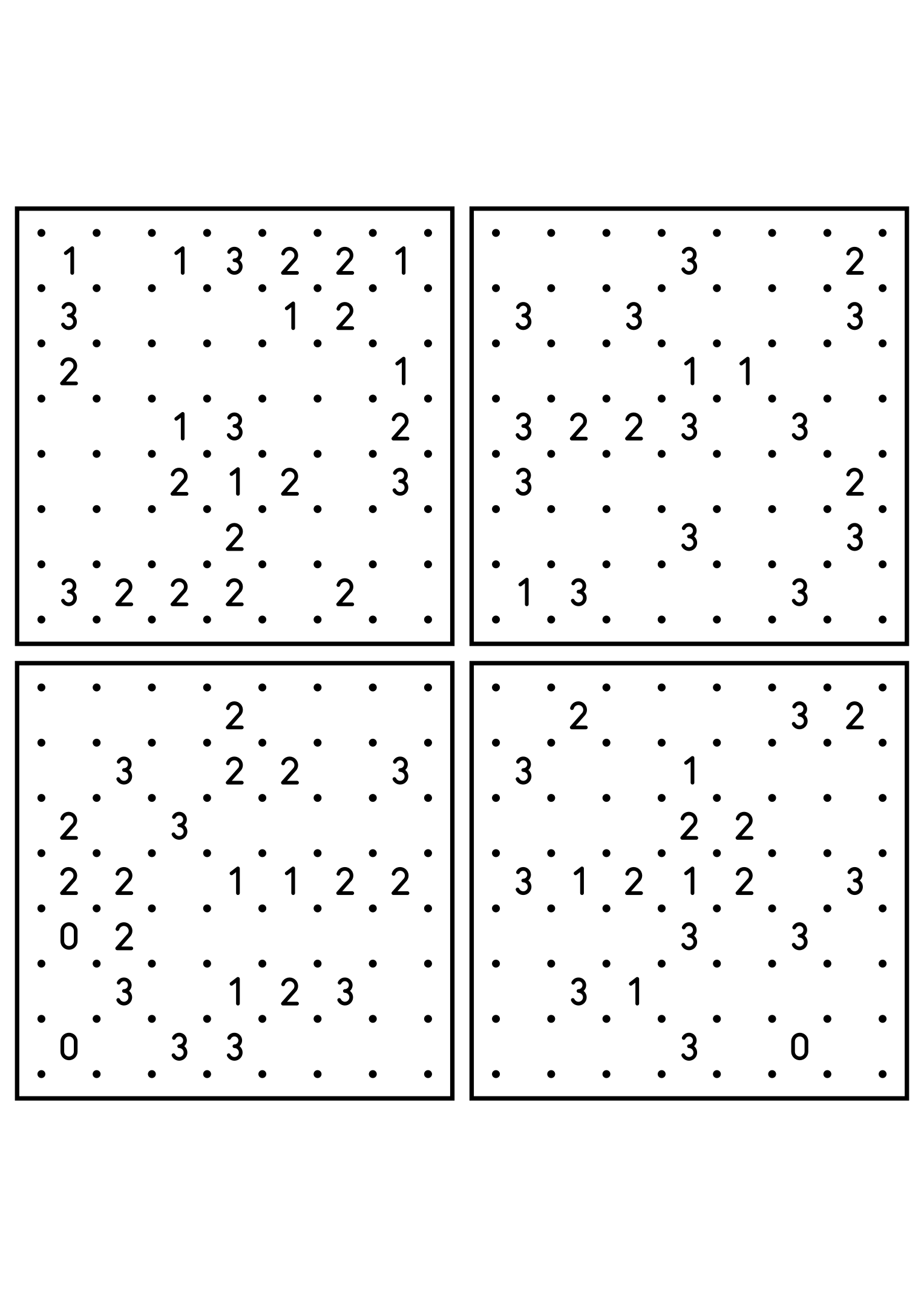 Four hard 7x7 slitherlink grids with lines to test in your head. Level: Hard, 4 puzzles per page. Variant 3.