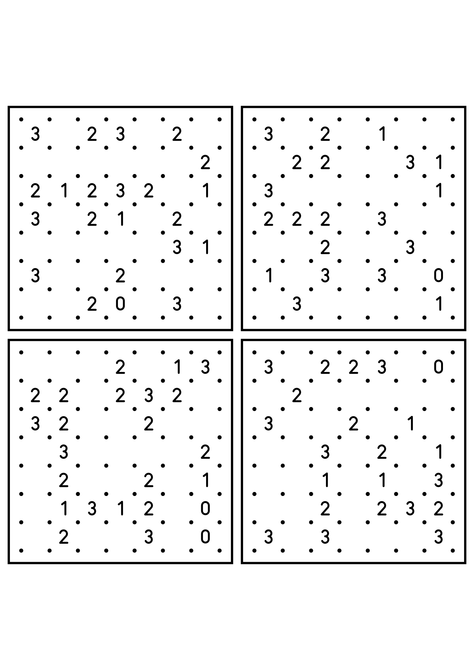 Four hard 7x7 slitherlink grids with lines to test in your head. Level: Hard, 4 puzzles per page. Variant 5.