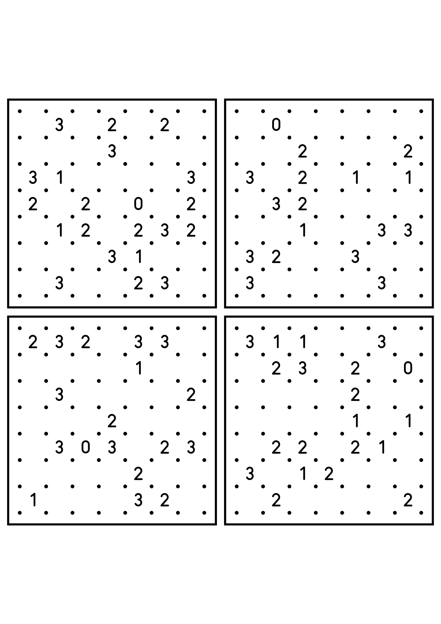 Four hard 7x7 slitherlink grids with lines to test in your head. Level: Hard, 4 puzzles per page. Variant 6.