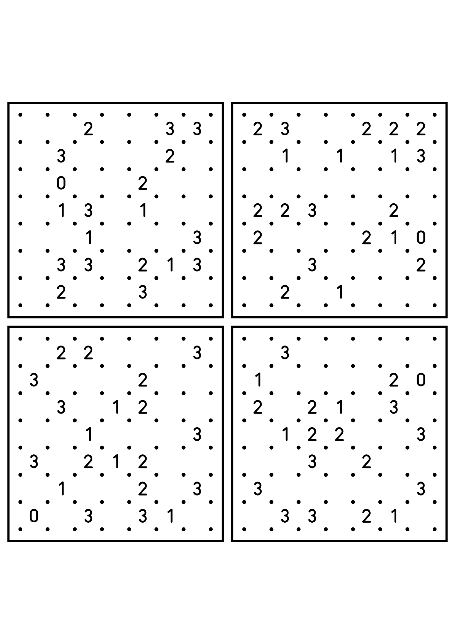 Four hard 7x7 slitherlink grids with lines to test in your head. Level: Hard, 4 puzzles per page. Variant 8.