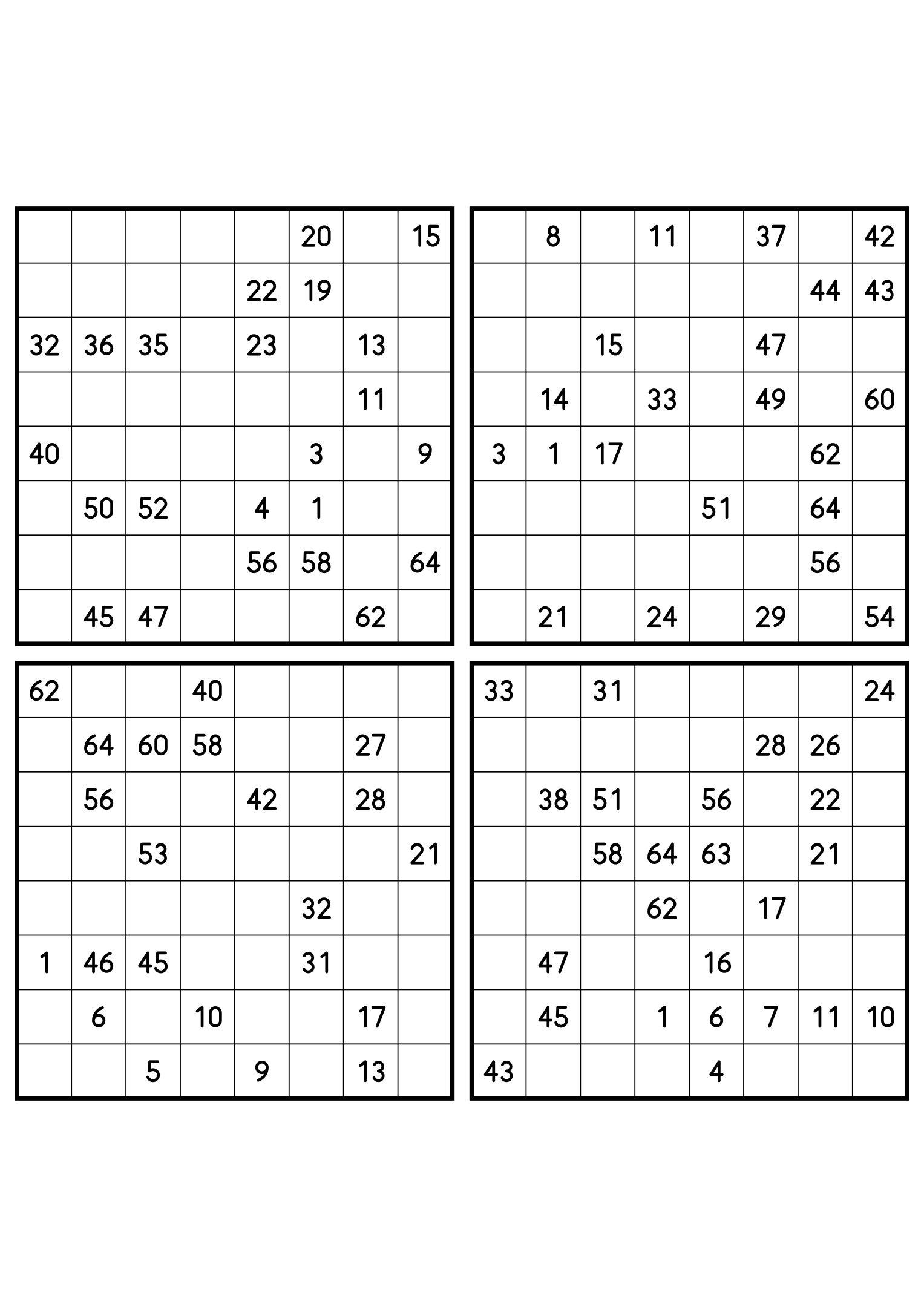 Four hard 8x8 Hidoku grids, clues spread thin across 64 cells. Variant 1.
