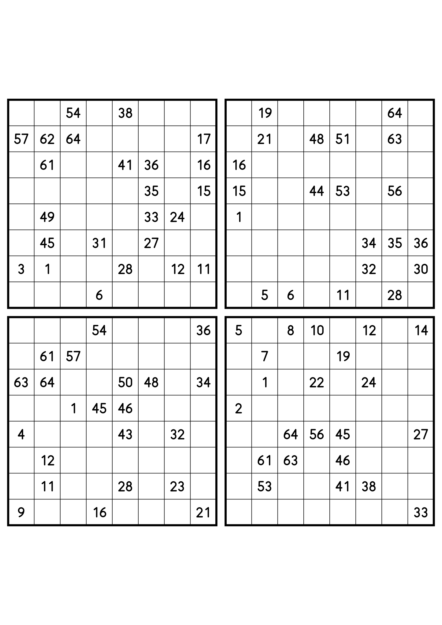 Four hard 8x8 Hidoku grids, clues spread thin across 64 cells. Variant 2.