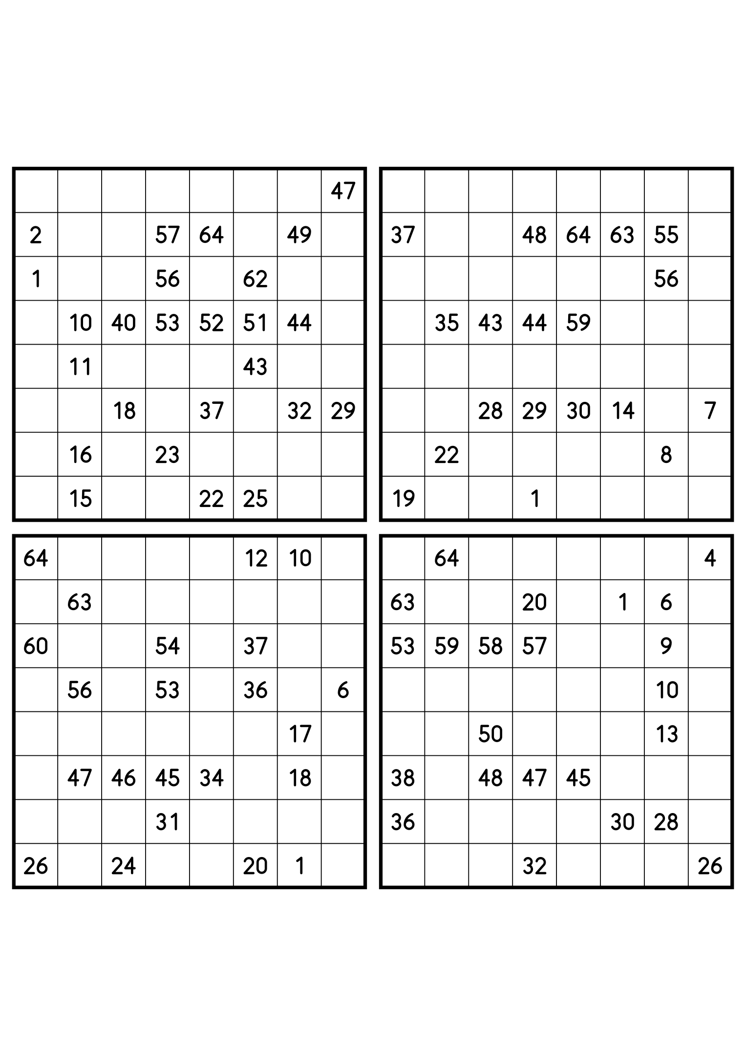 Four hard 8x8 Hidoku grids, clues spread thin across 64 cells. Variant 3.