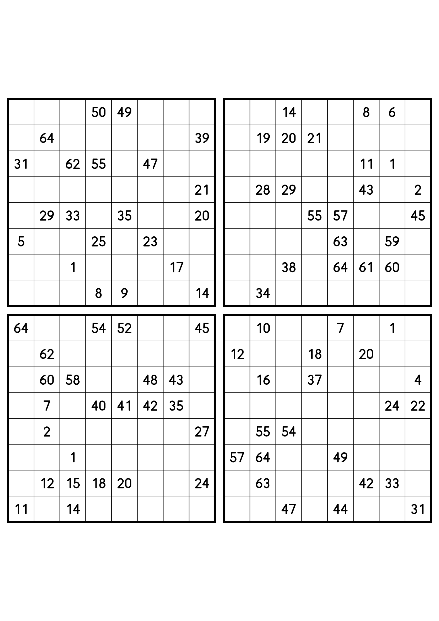 Four hard 8x8 Hidoku grids, clues spread thin across 64 cells. Variant 4.